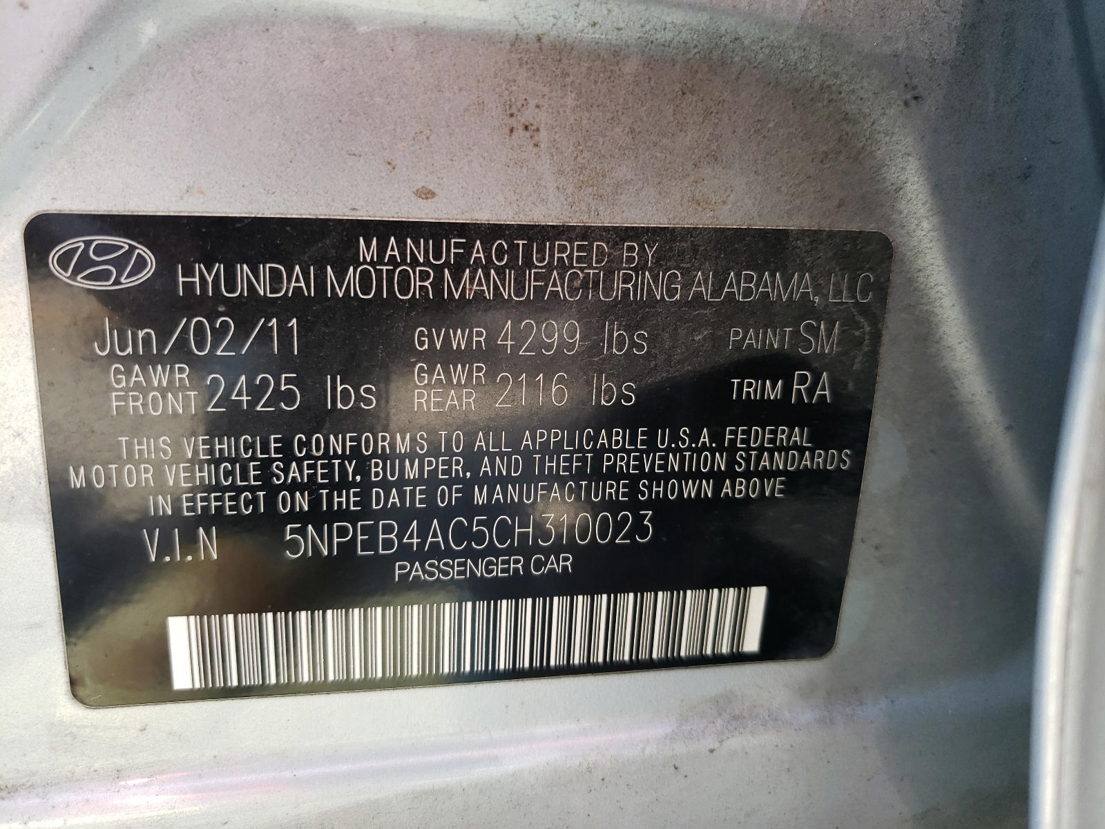 Photo 10 from auction – 2012 HYUNDAI SONATA GLS with VIN 5NPEB4AC5CH310023