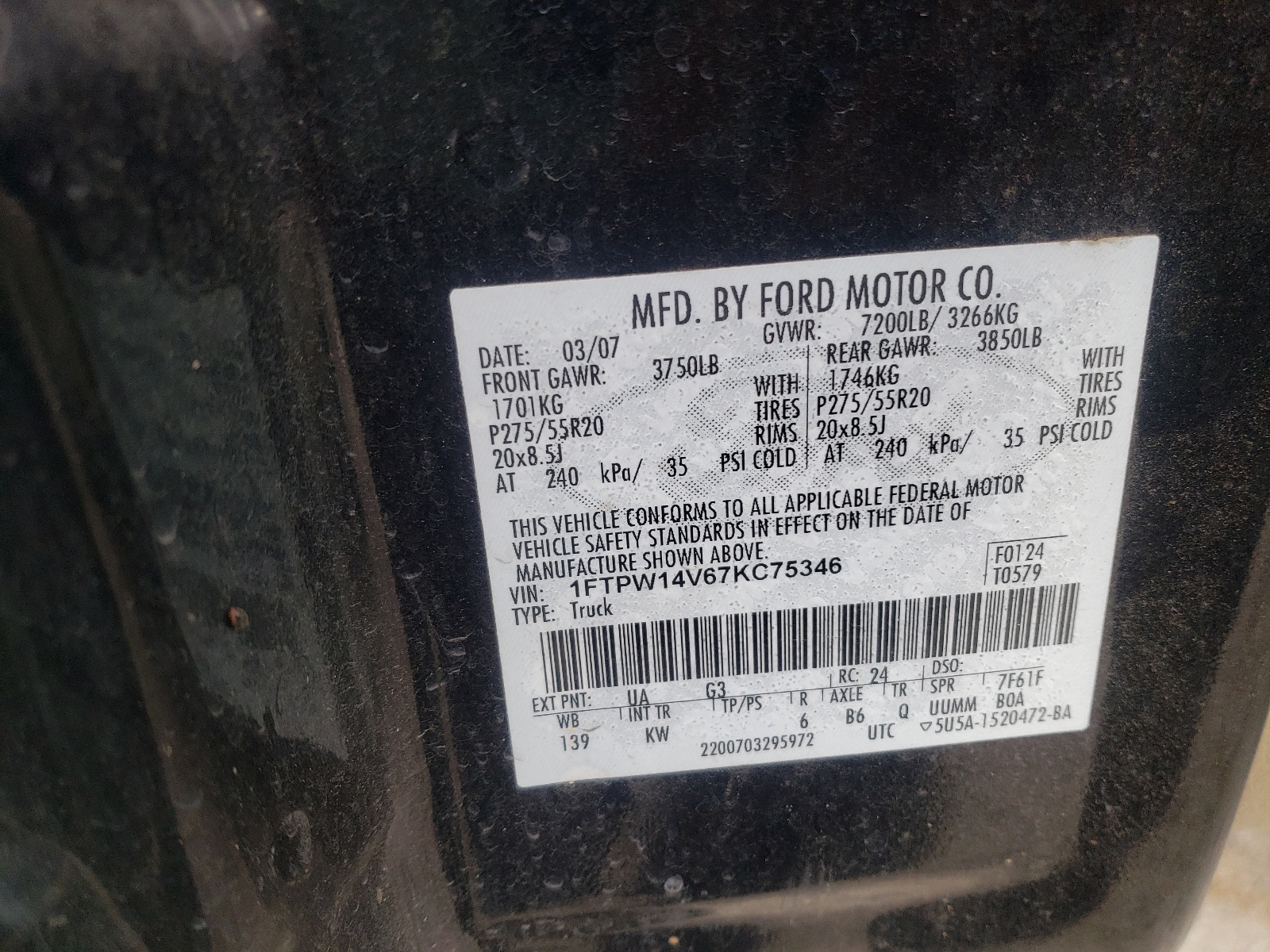 Photo 10 from auction – 2007 FORD F150 SUPER with VIN 1FTPW14V67KC75346