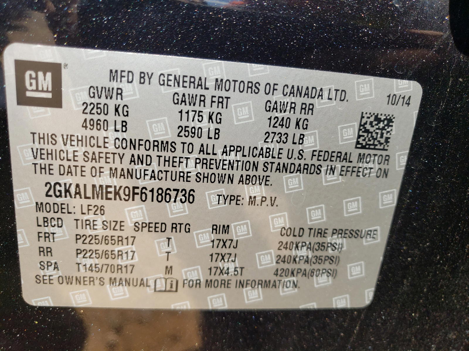 Photo 10 from auction – 2015 GMC TERRAIN SL with VIN 2GKALMEK9F6186736