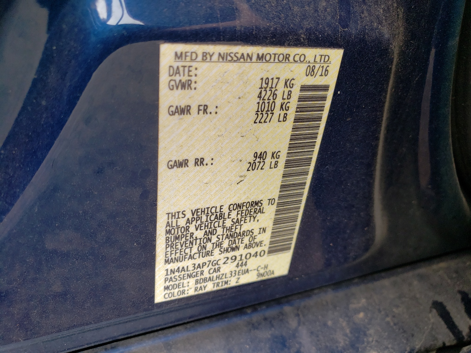 Photo 10 from auction – 2016 NISSAN ALTIMA 2.5 with VIN 1N4AL3AP7GC291040