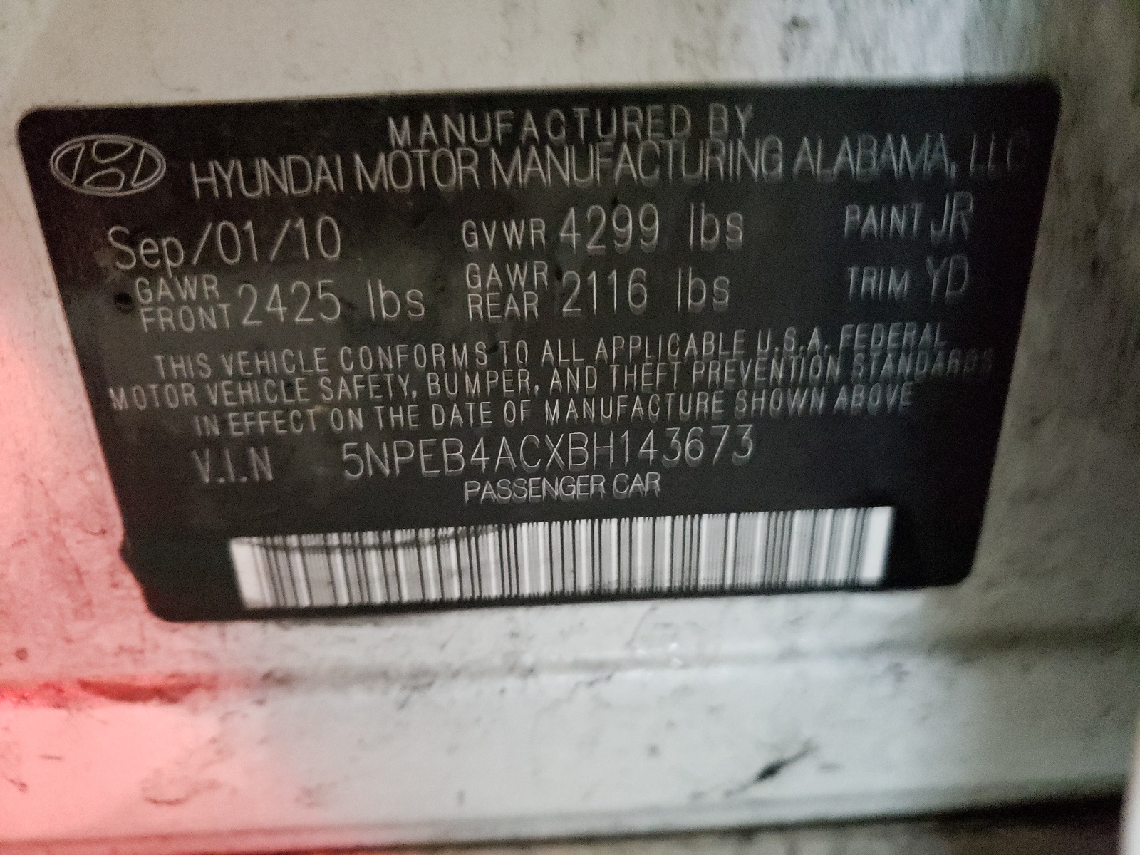 Photo 10 from auction – 2011 HYUNDAI SONATA GLS with VIN 5NPEB4ACXBH143673