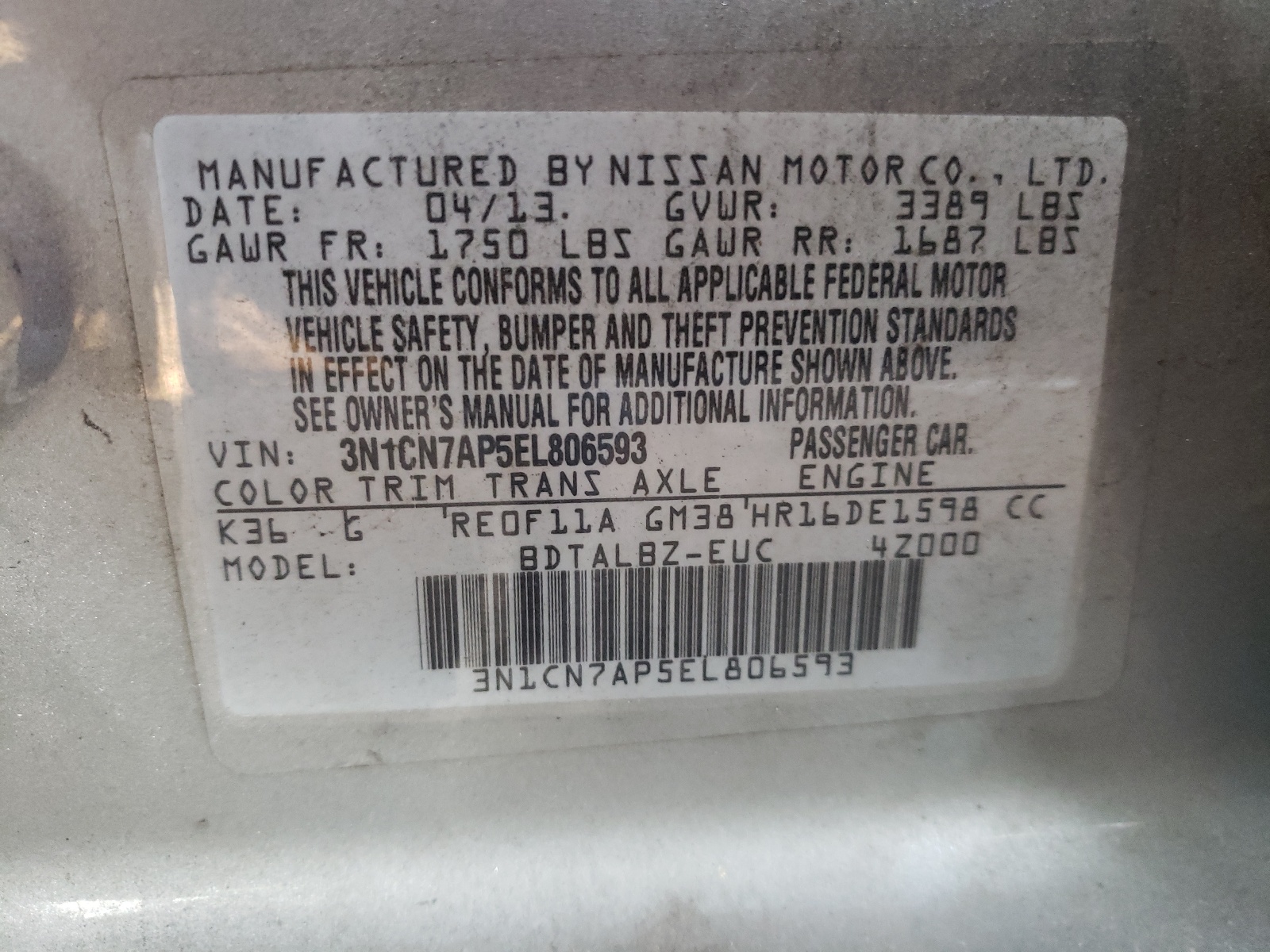 Photo 10 from auction – 2014 NISSAN VERSA S with VIN 3N1CN7AP5EL806593