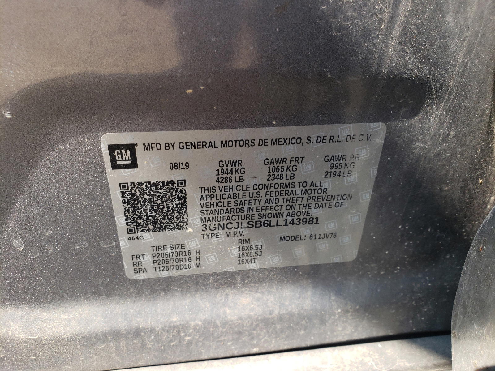 Photo 10 from auction – 2020 CHEVROLET TRAX 1LT with VIN 3GNCJLSB6LL143981