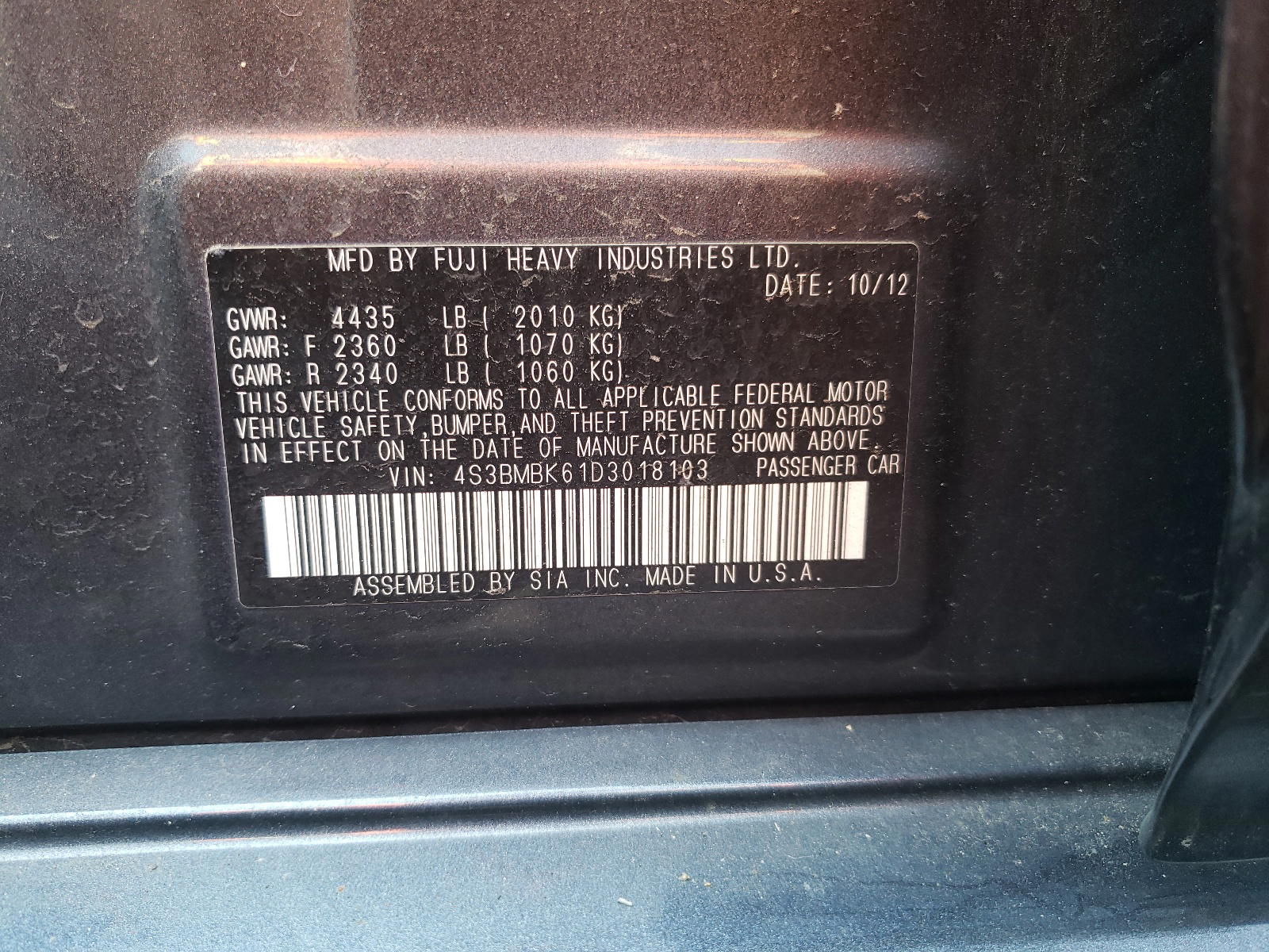 Photo 10 from auction – 2013 SUBARU LEGACY 2.5 with VIN 4S3BMBK61D3018103