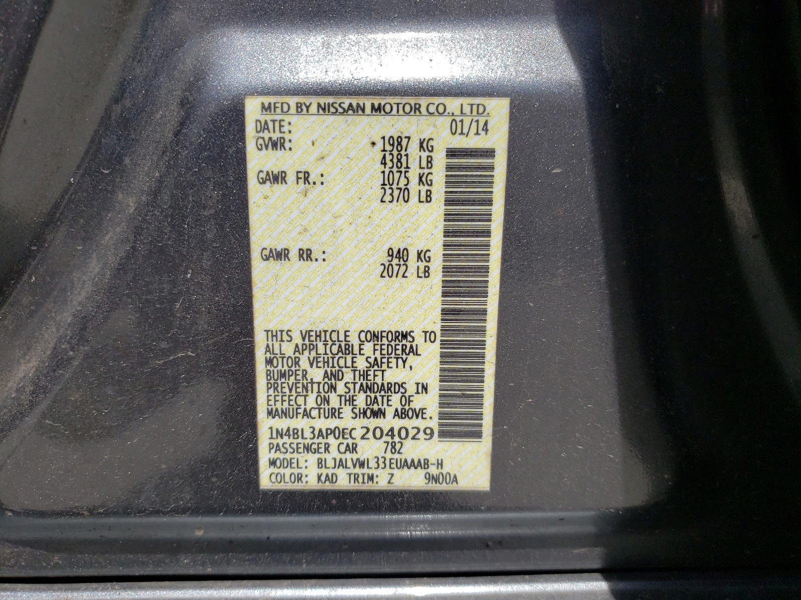 Photo 10 from auction – 2014 NISSAN ALTIMA 3.5 with VIN 1N4BL3AP0EC204029