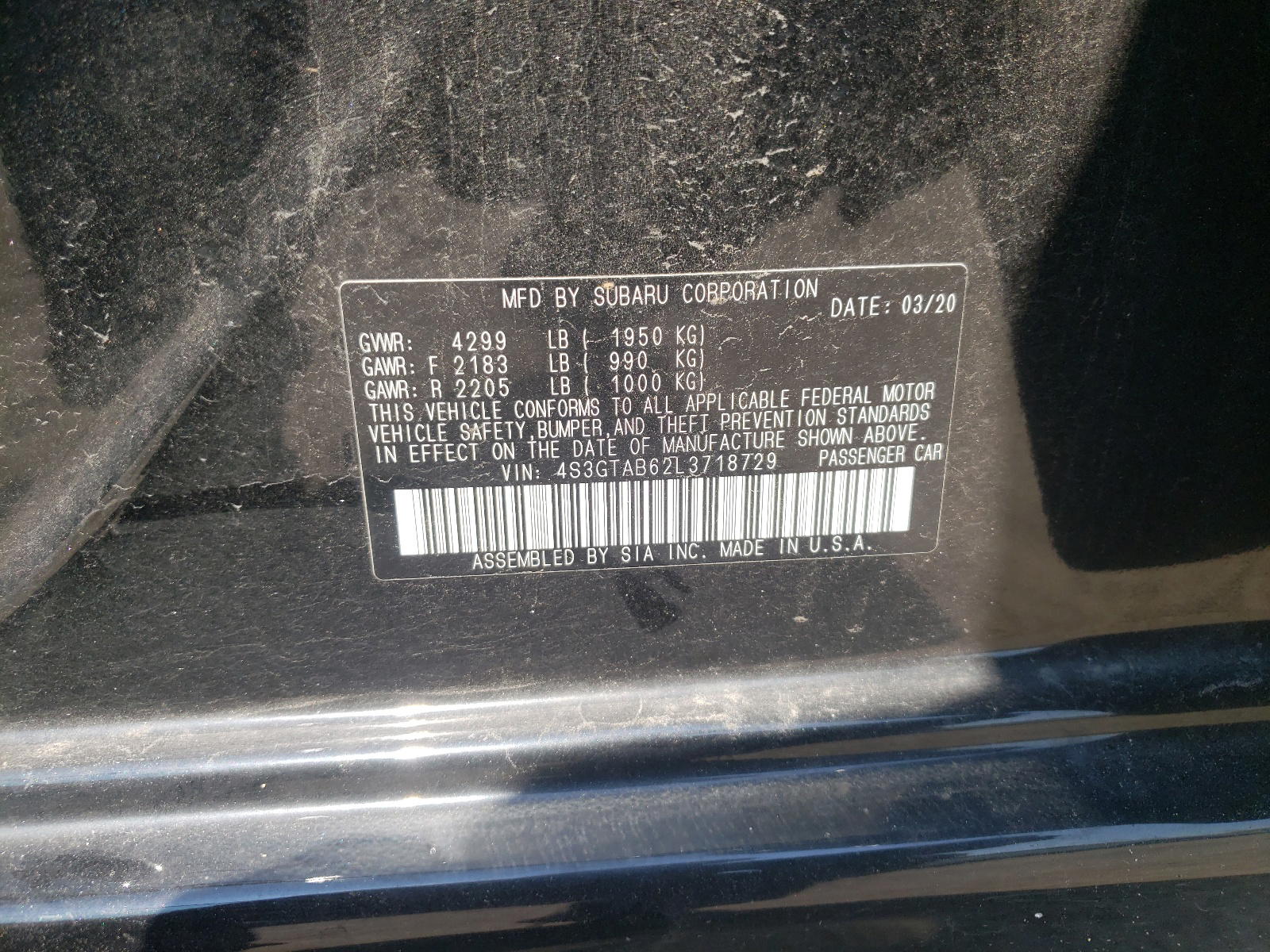 Photo 10 from auction – 2020 SUBARU IMPREZA with VIN 4S3GTAB62L3718729