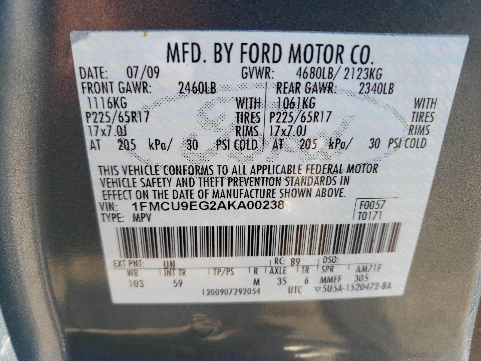 Photo 10 from auction – 2010 FORD ESCAPE LIM with VIN 1FMCU9EG2AKA00238