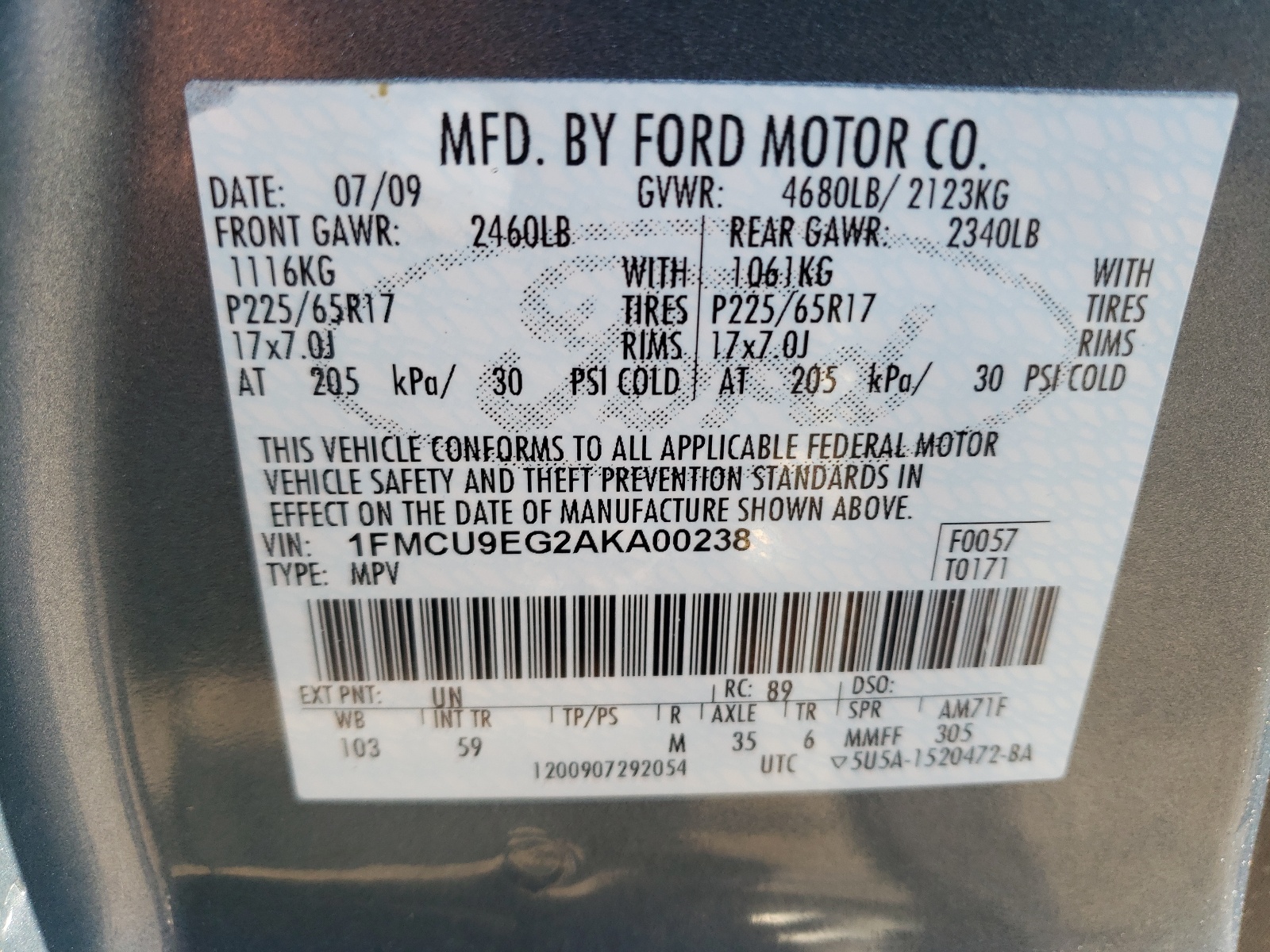 Zdjęcie 10 z aukcji – 2010 FORD ESCAPE LIM z VIN 1FMCU9EG2AKA00238