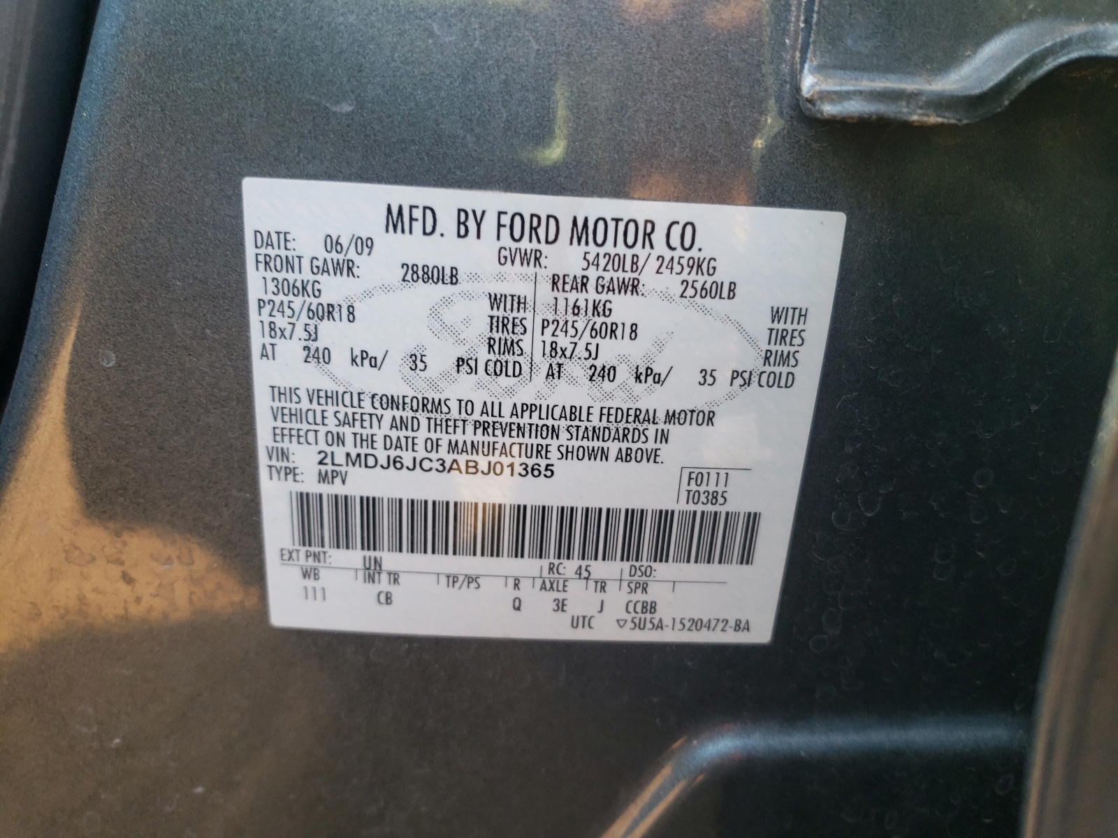 Photo 10 from auction – 2010 LINCOLN MKX with VIN 2LMDJ6JC3ABJ01365