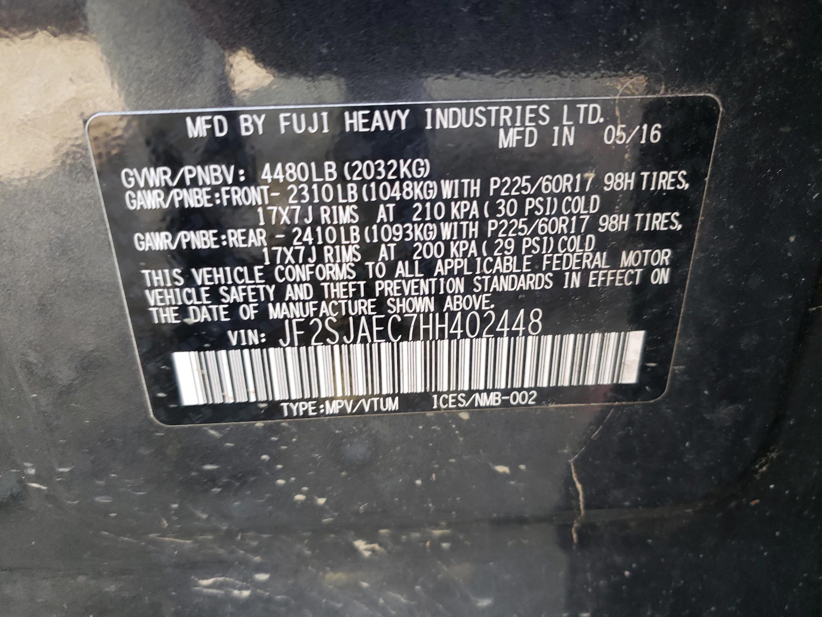 Photo 10 from auction – 2017 SUBARU FORESTER 2 with VIN JF2SJAEC7HH402448
