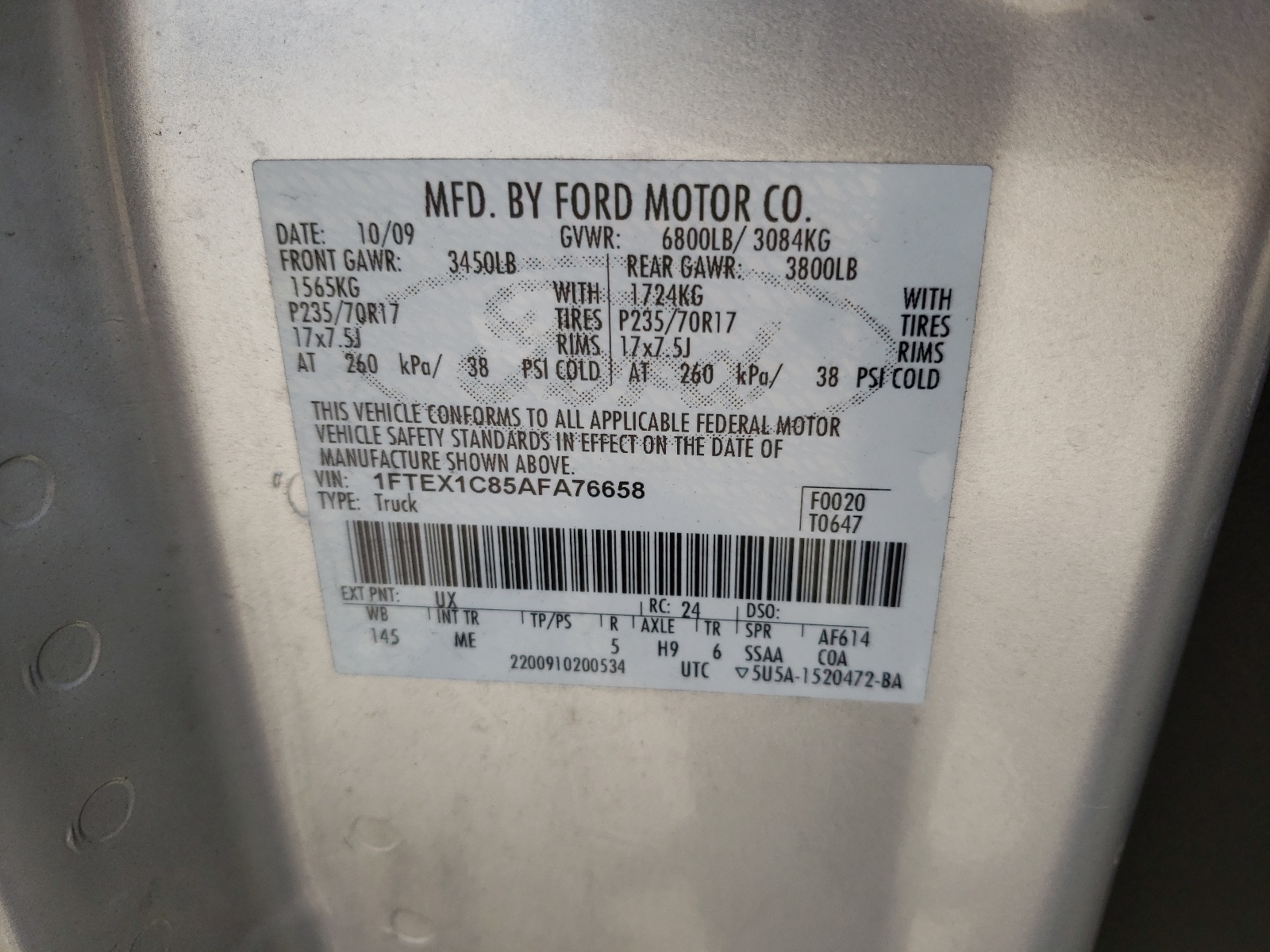 Photo 10 from auction – 2010 FORD F150 SUPER with VIN 1FTEX1C85AFA76658