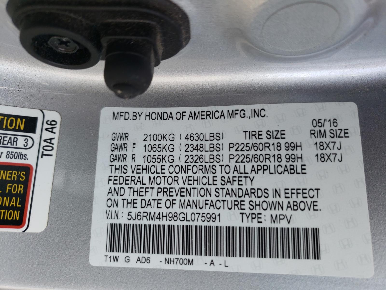 Photo 10 from auction – 2016 HONDA CR-V TOURI with VIN 5J6RM4H98GL075991
