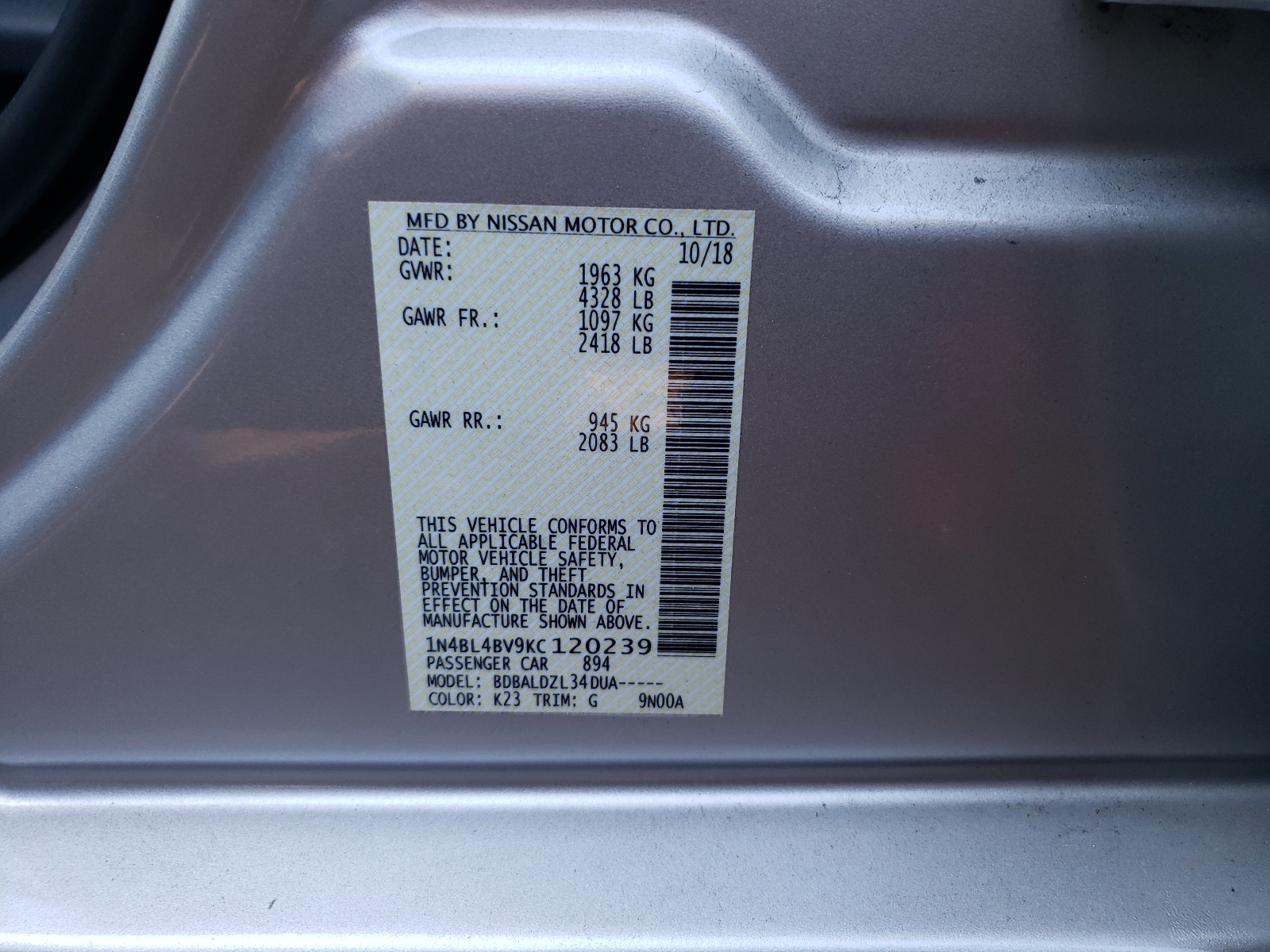 Photo 10 from auction – 2019 NISSAN ALTIMA S with VIN 1N4BL4BV9KC120239