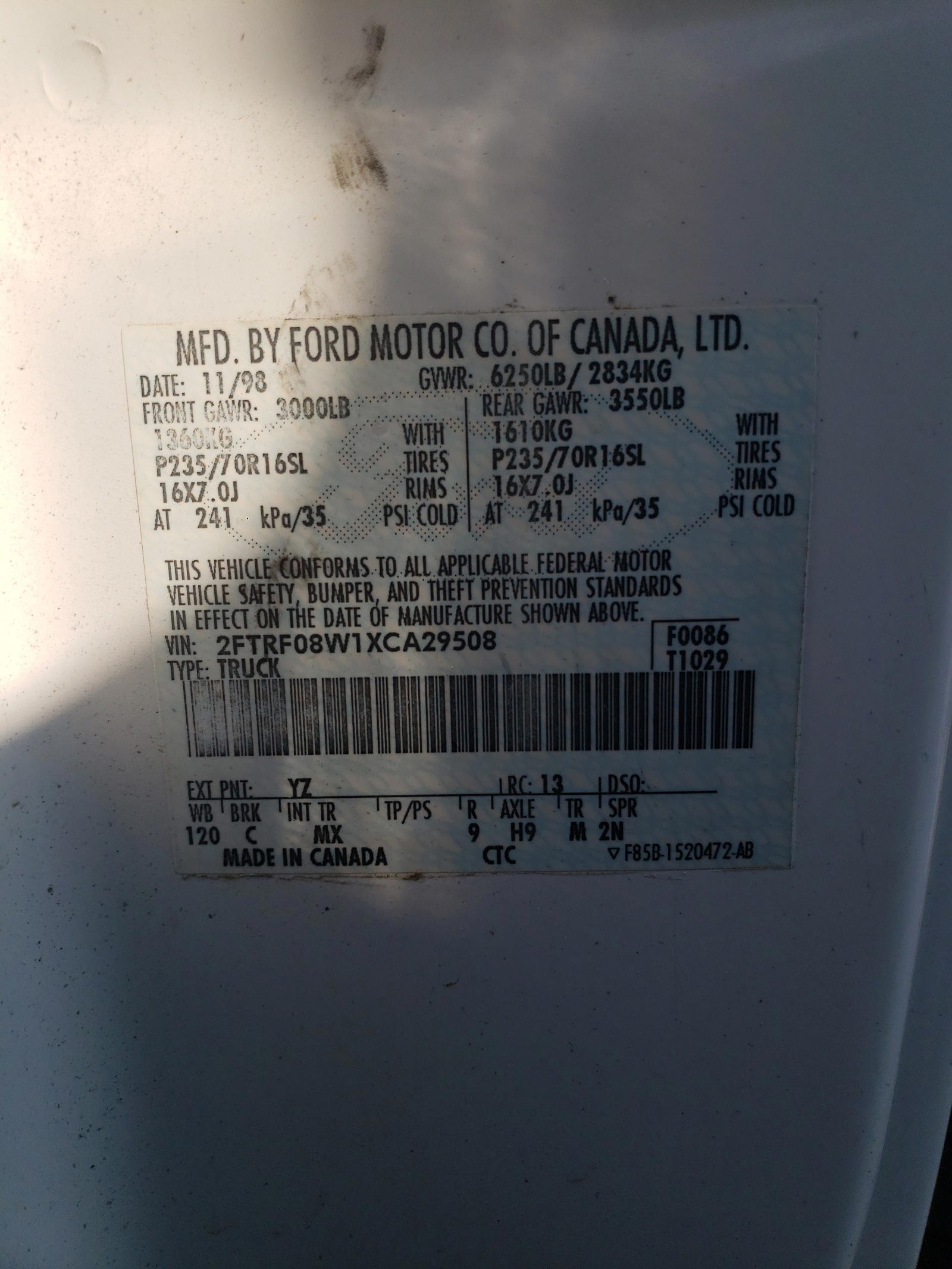 Photo 10 from auction – 1999 FORD F150 with VIN 2FTRF08W1XCA29508
