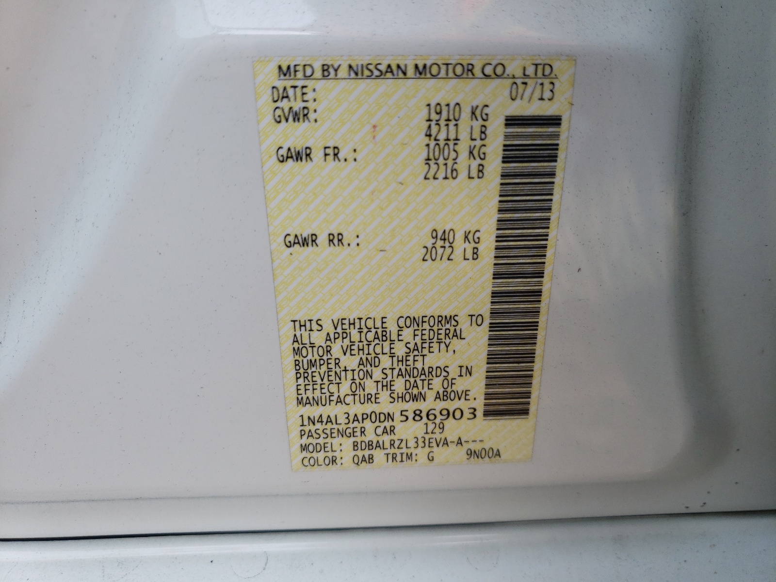 Photo 10 from auction – 2013 NISSAN ALTIMA 2.5 with VIN 1N4AL3AP0DN586903