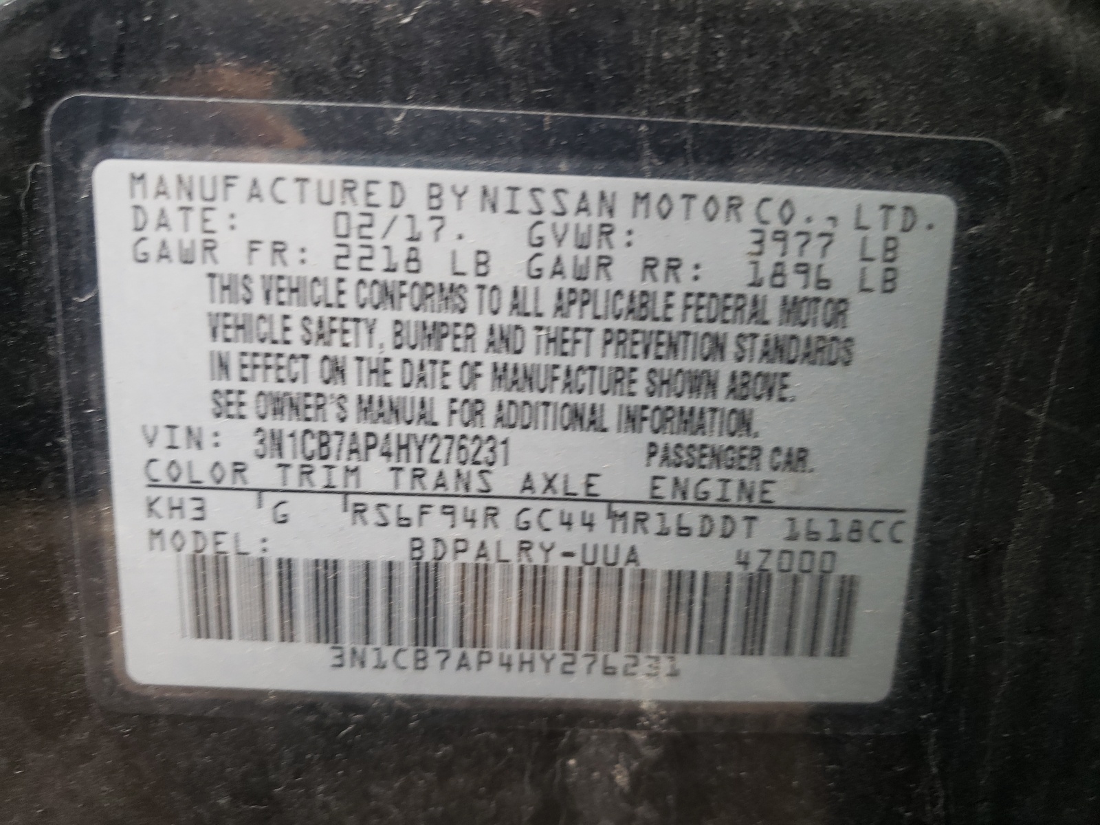 Photo 10 from auction – 2017 NISSAN SENTRA SR with VIN 3N1CB7AP4HY276231