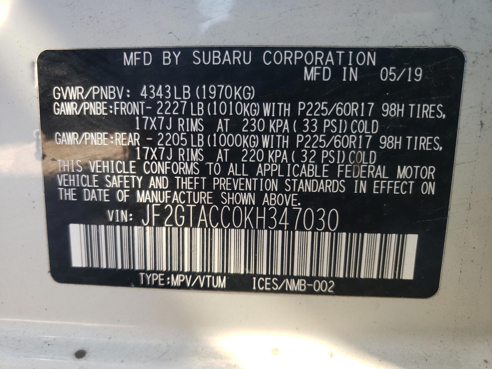 Photo 10 from auction – 2019 SUBARU CROSSTREK with VIN JF2GTACC0KH347030