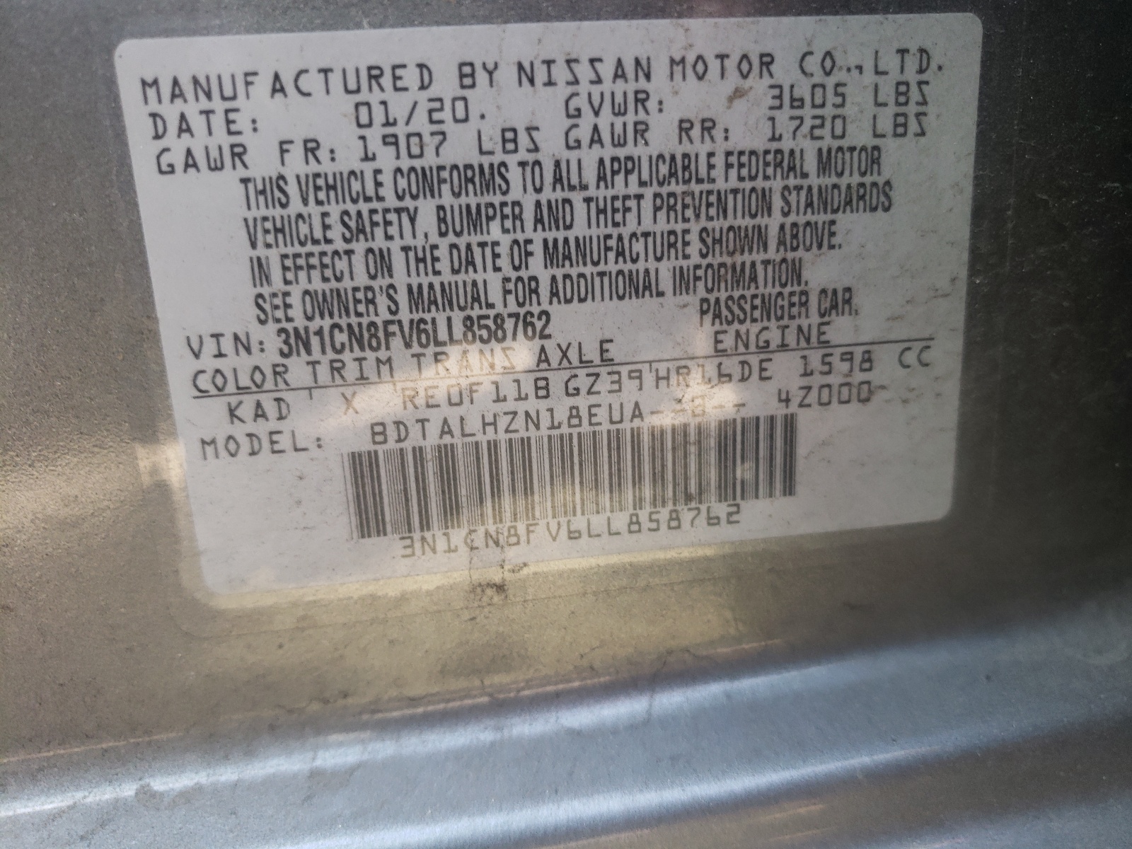 Photo 10 from auction – 2020 NISSAN VERSA SR with VIN 3N1CN8FV6LL858762