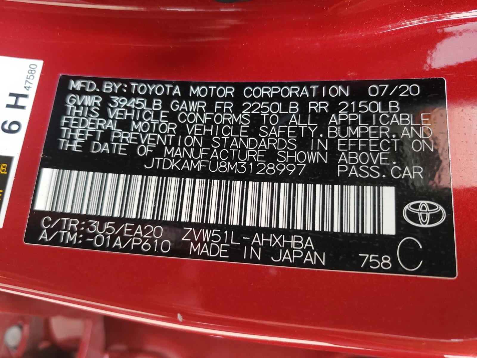 Photo 10 from auction – 2021 TOYOTA PRIUS SPEC with VIN JTDKAMFU8M3128997