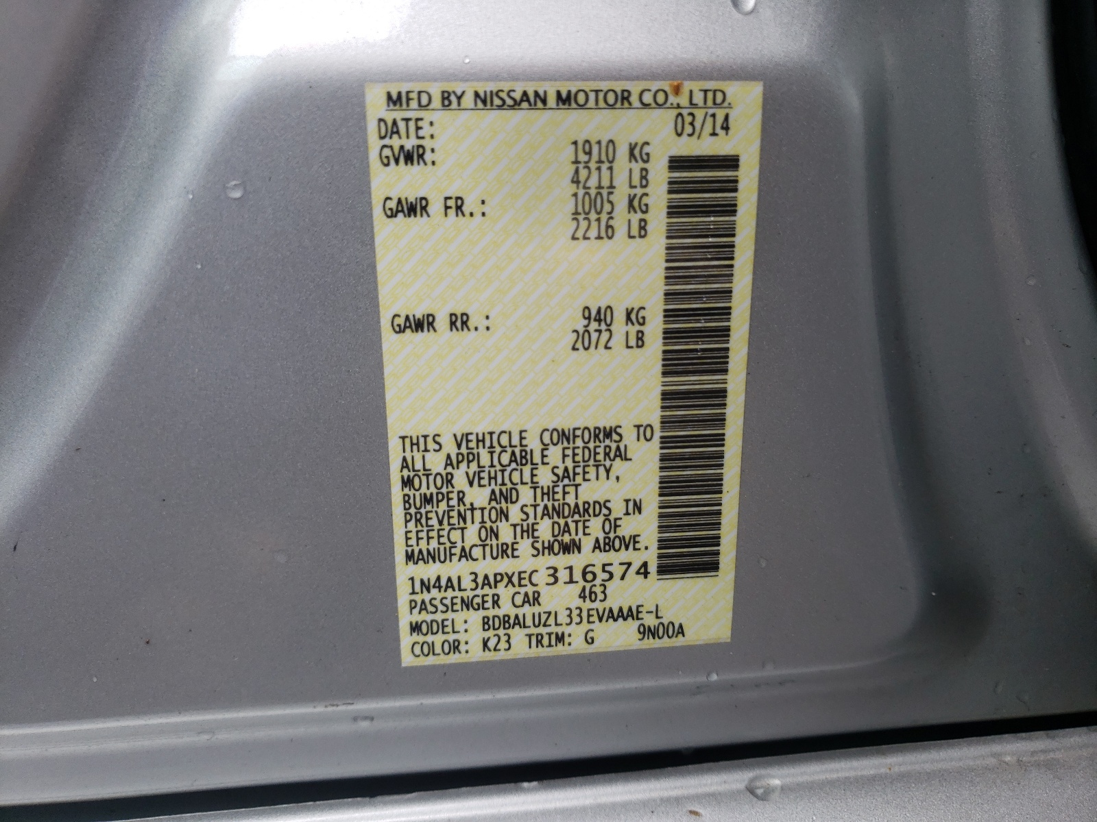 Photo 10 from auction – 2014 NISSAN ALTIMA 2.5 with VIN 1N4AL3APXEC316574