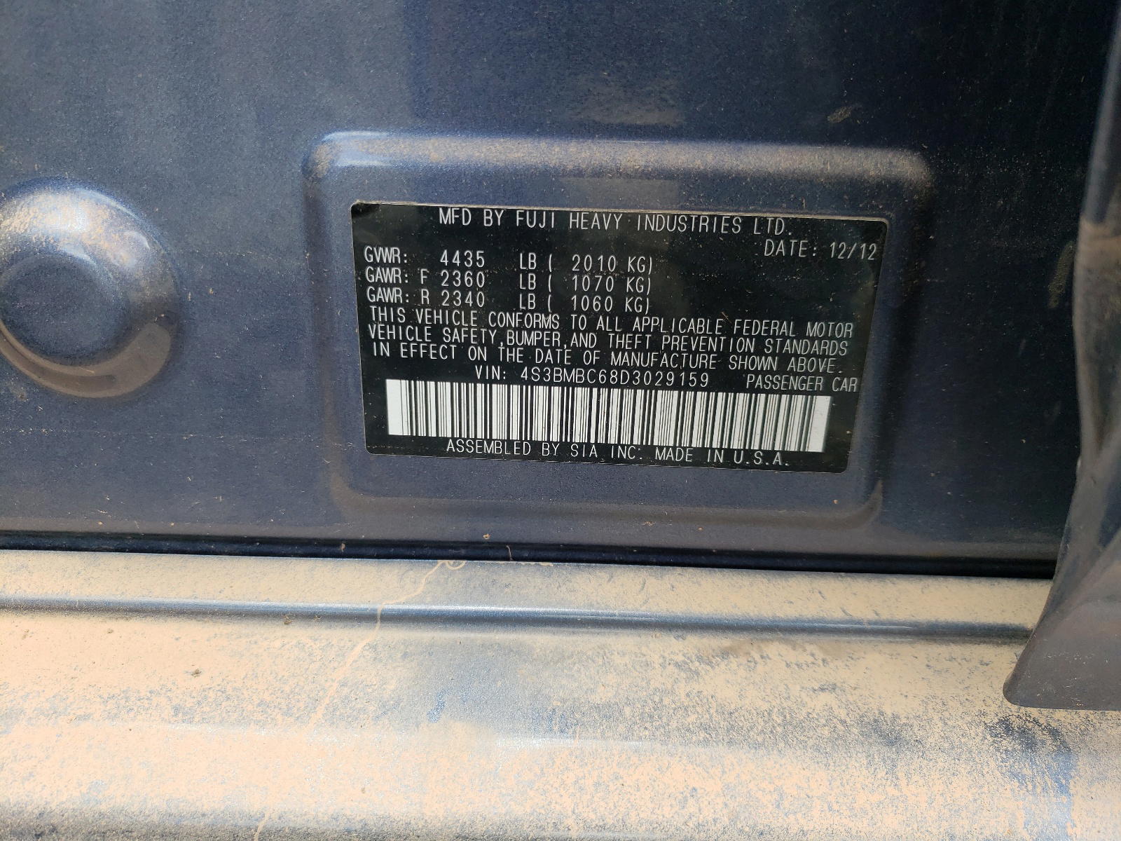 Photo 10 from auction – 2013 SUBARU LEGACY 2.5 with VIN 4S3BMBC68D3029159