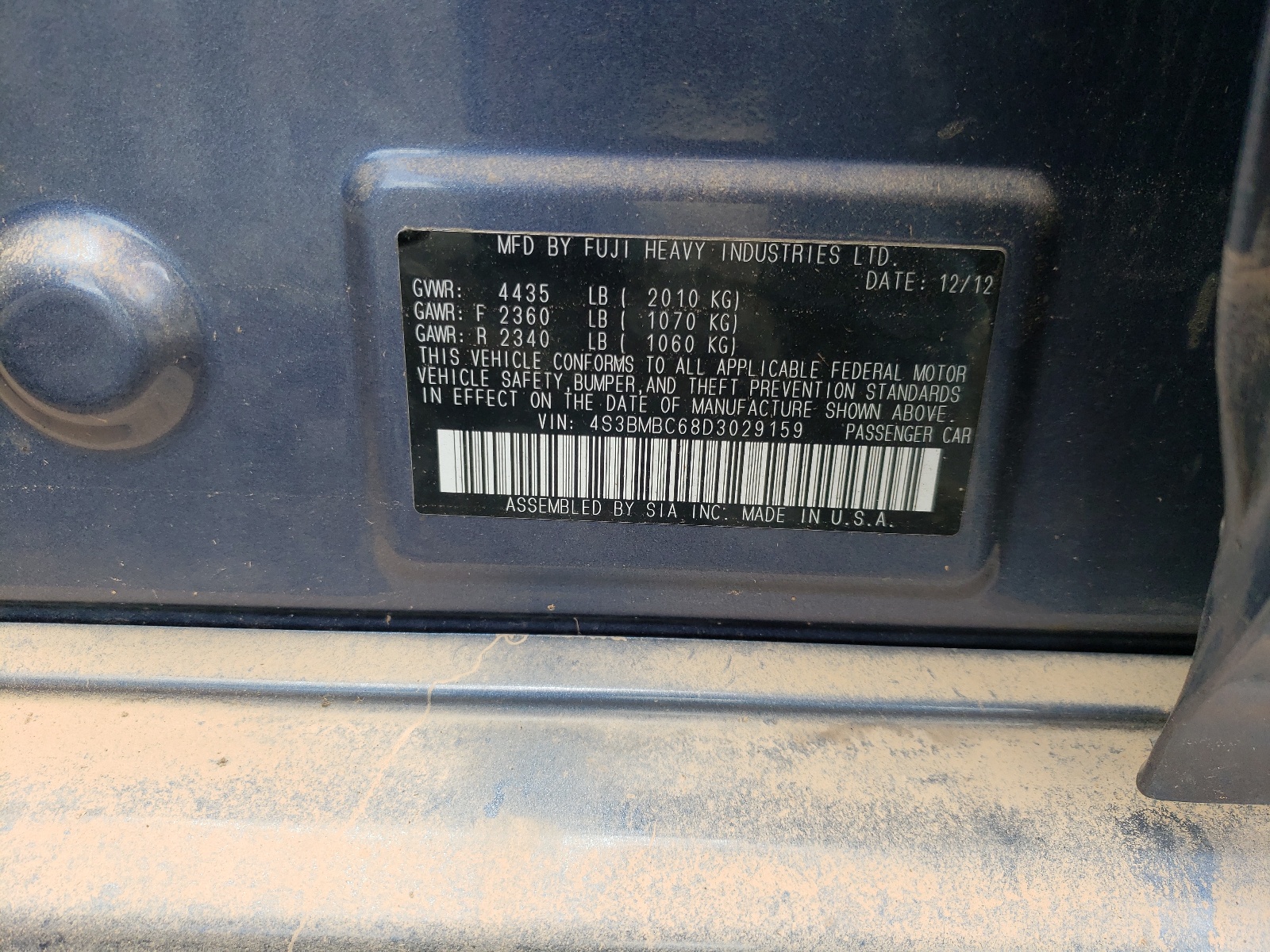 Foto 10 de la subasta – 2013 SUBARU LEGACY 2.5 con VIN 4S3BMBC68D3029159
