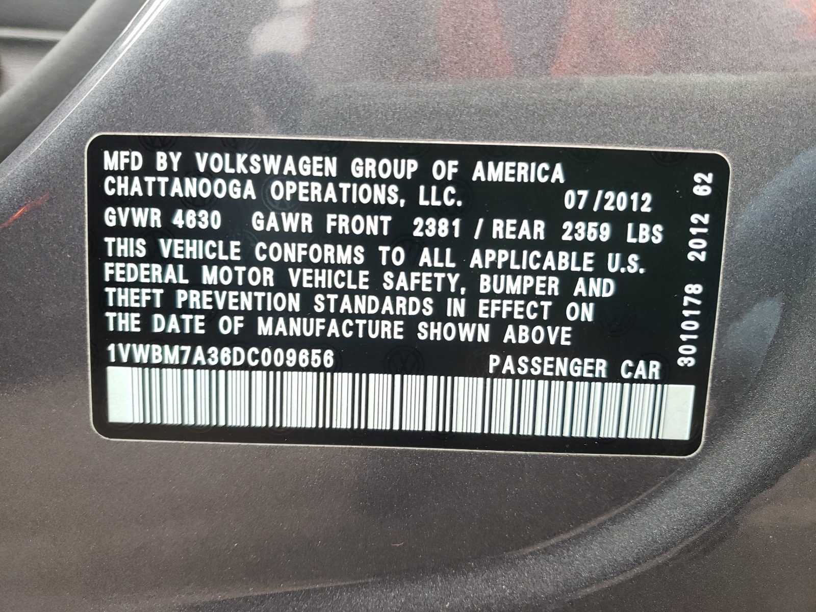 Photo 10 from auction – 2013 VOLKSWAGEN PASSAT SE with VIN 1VWBM7A36DC009656