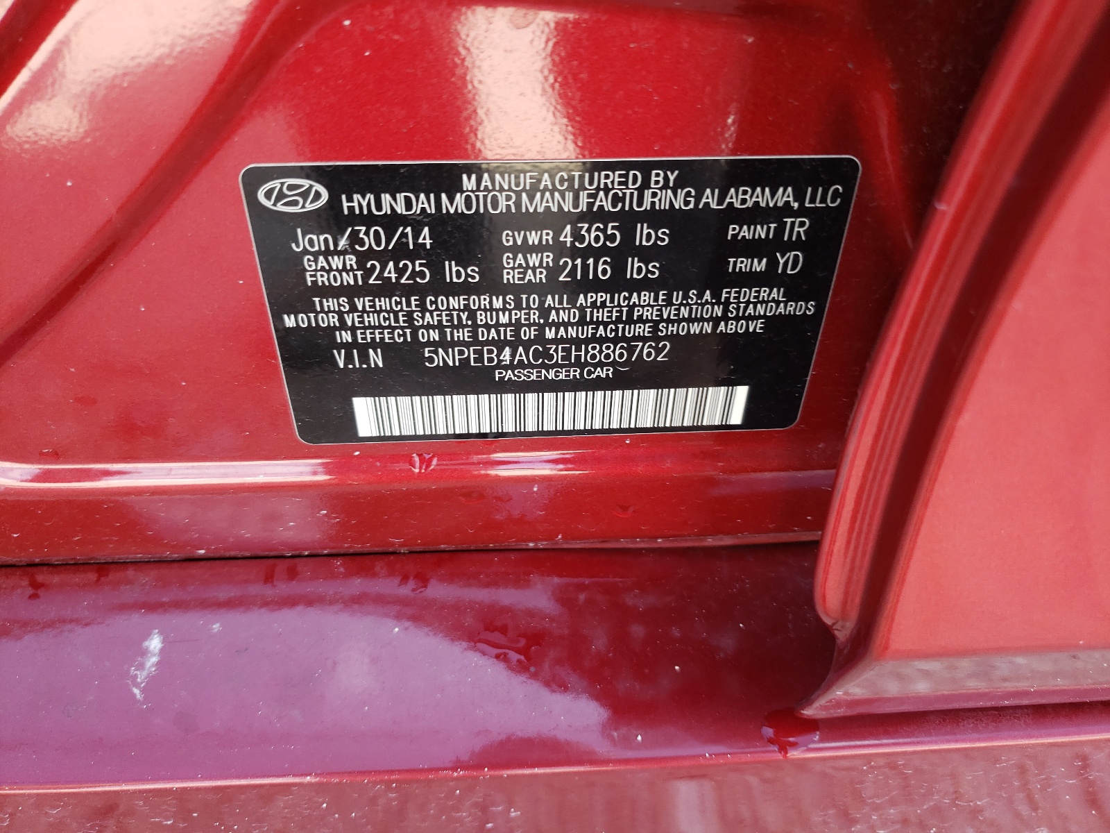 Photo 10 from auction – 2014 HYUNDAI SONATA GLS with VIN 5NPEB4AC3EH886762