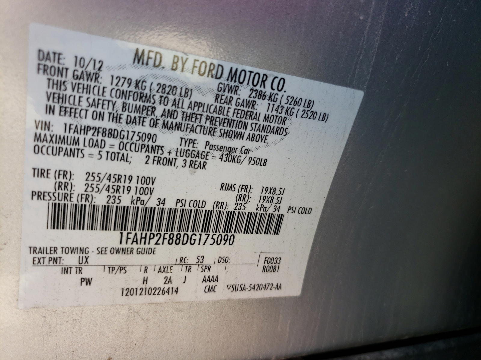 Photo 10 from auction – 2013 FORD TAURUS LIM with VIN 1FAHP2F88DG175090