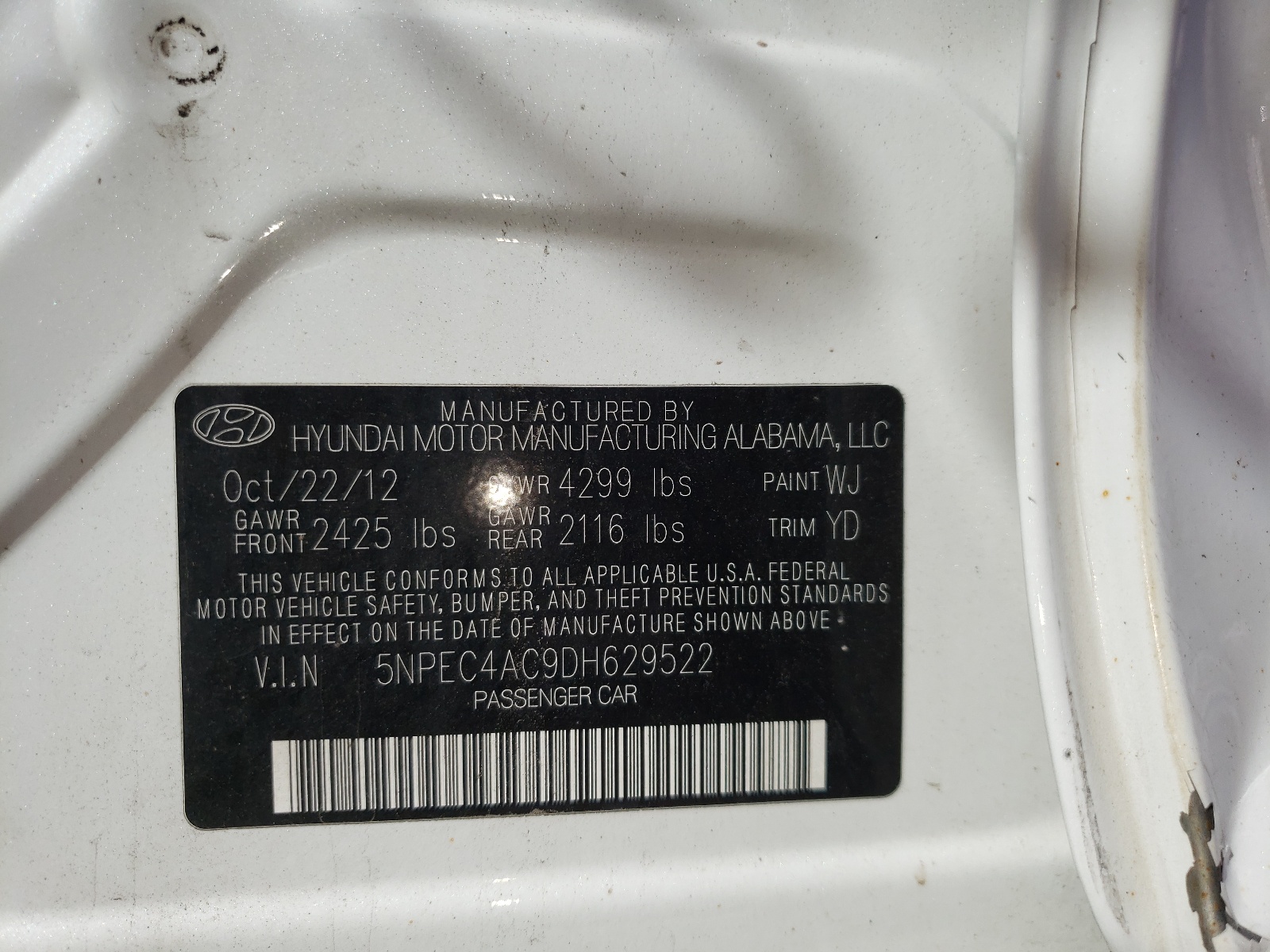 Photo 10 from auction – 2013 HYUNDAI SONATA SE with VIN 5NPEC4AC9DH629522