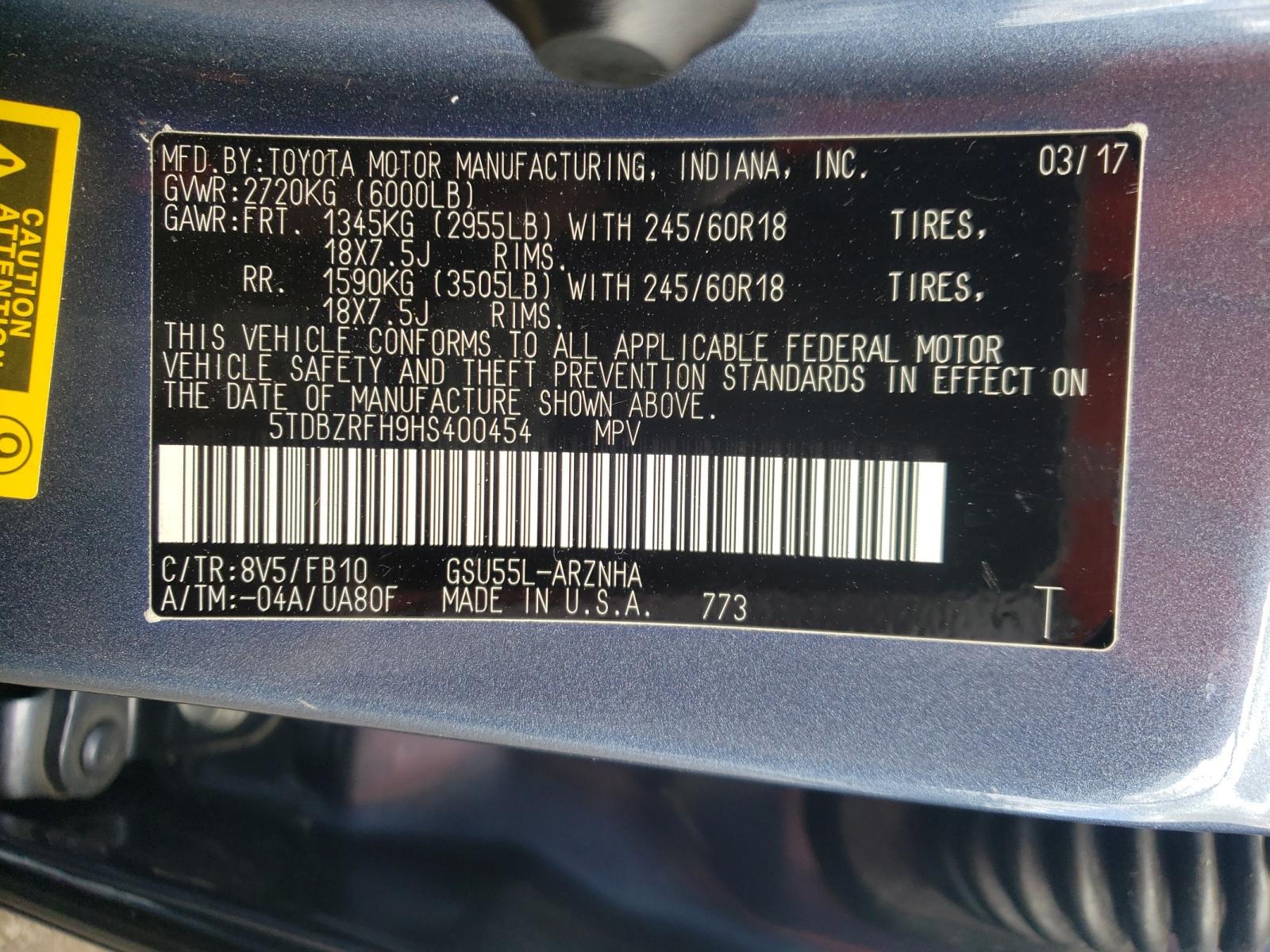 Photo 10 from auction – 2017 TOYOTA HIGHLANDER with VIN 5TDBZRFH9HS400454