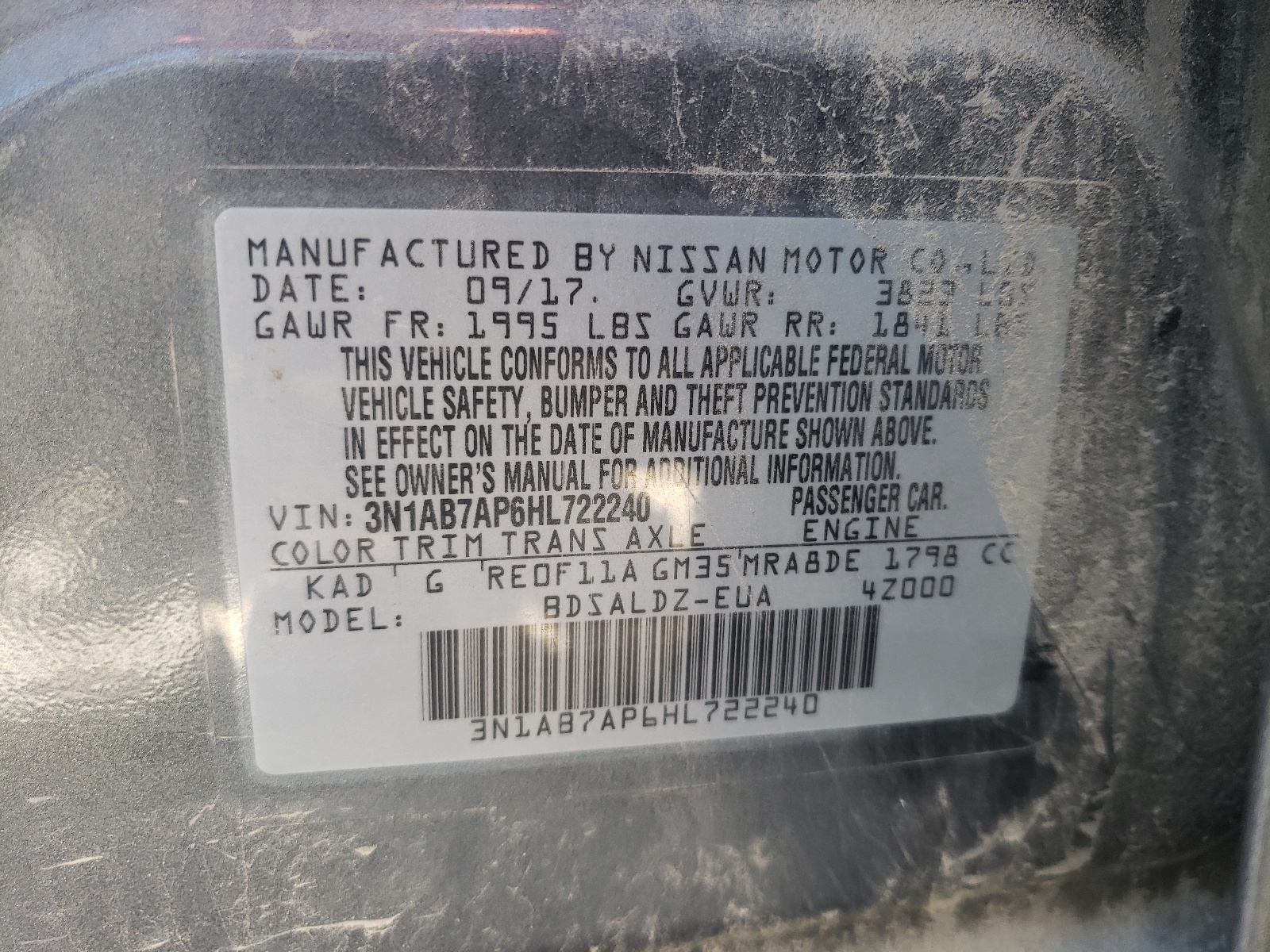 Photo 10 from auction – 2017 NISSAN SENTRA S with VIN 3N1AB7AP6HL722240