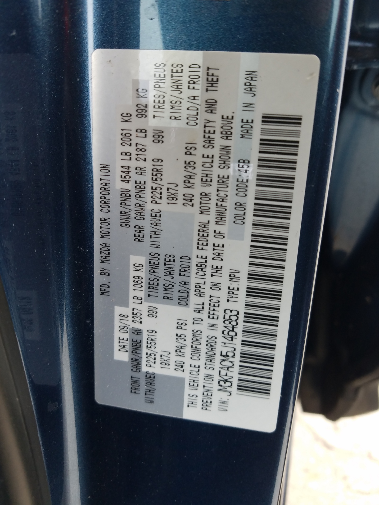 Photo 10 from auction – 2018 MAZDA CX-5 TOURI with VIN JM3KFACM5J1464853