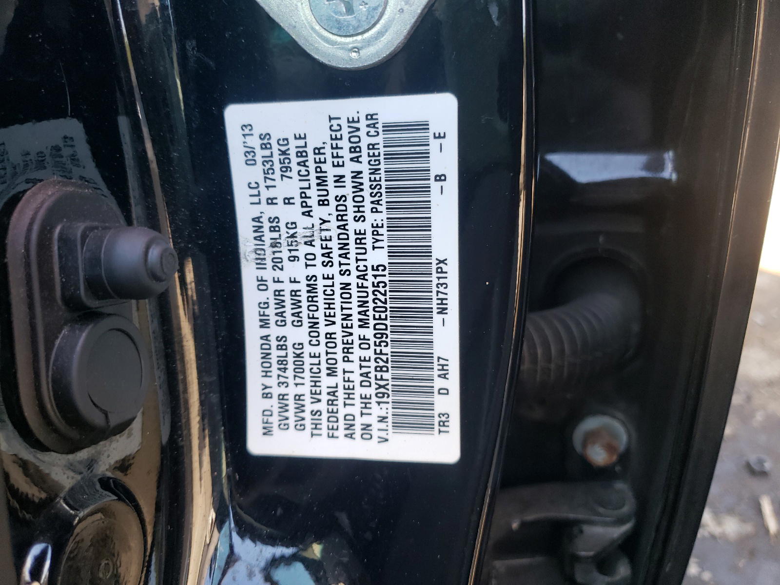 Photo 10 from auction – 2013 HONDA CIVIC with VIN 19XFB2F59DE022515