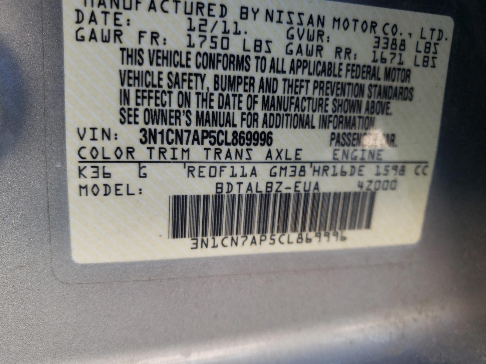 Photo 10 from auction – 2012 NISSAN VERSA S with VIN 3N1CN7AP5CL869996