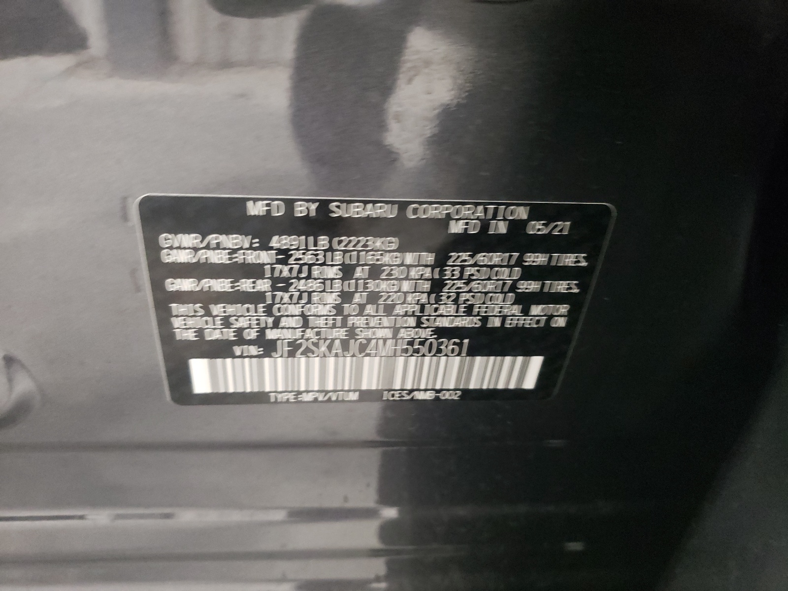 Photo 10 from auction – 2021 SUBARU FORESTER P with VIN JF2SKAJC4MH550361