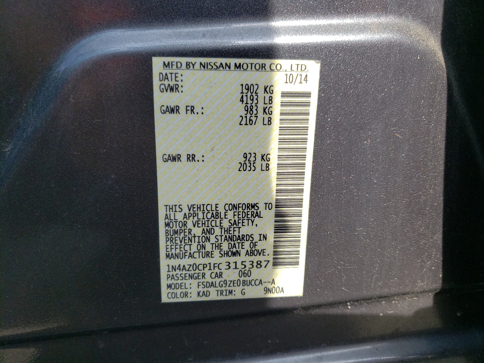 Photo 10 from auction – 2015 NISSAN LEAF S with VIN 1N4AZ0CP1FC315387