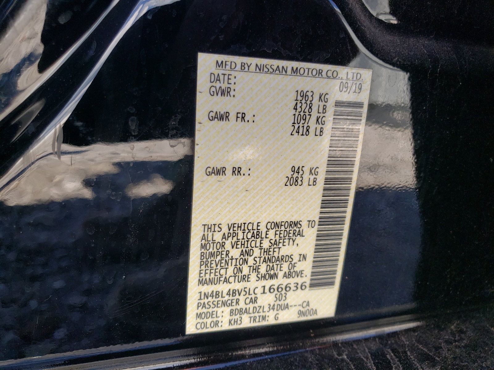 Photo 10 from auction – 2020 NISSAN ALTIMA S with VIN 1N4BL4BV5LC166636