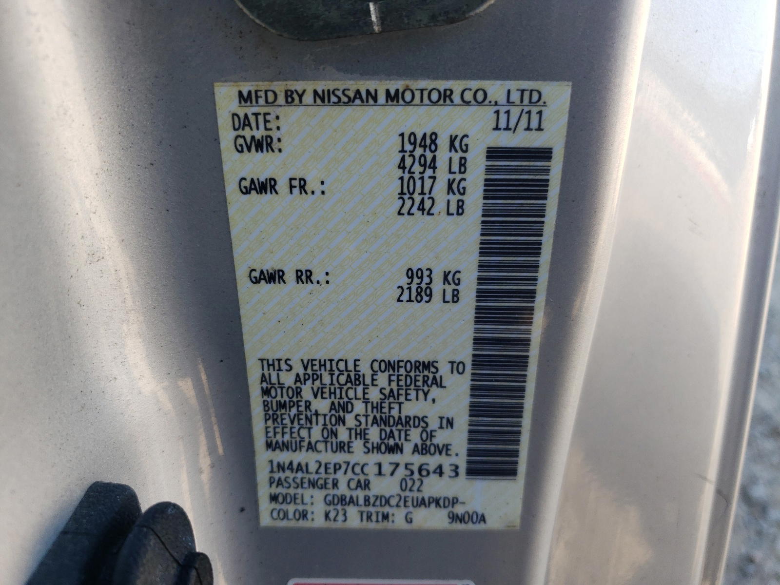 Photo 10 from auction – 2012 NISSAN ALTIMA S with VIN 1N4AL2EP7CC175643