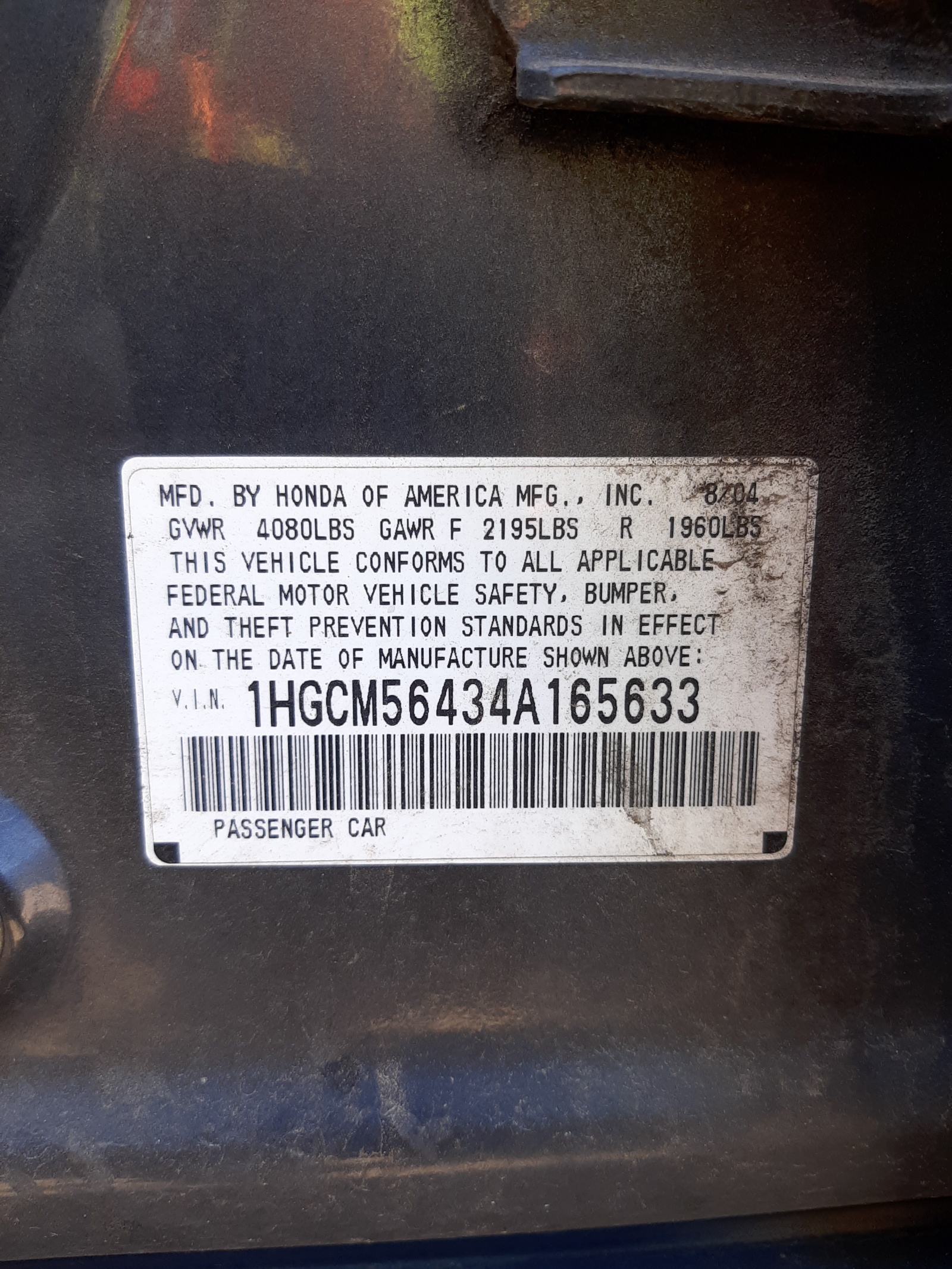 Photo 10 from auction – 2004 HONDA ACCORD with VIN 1HGCM56434A165633