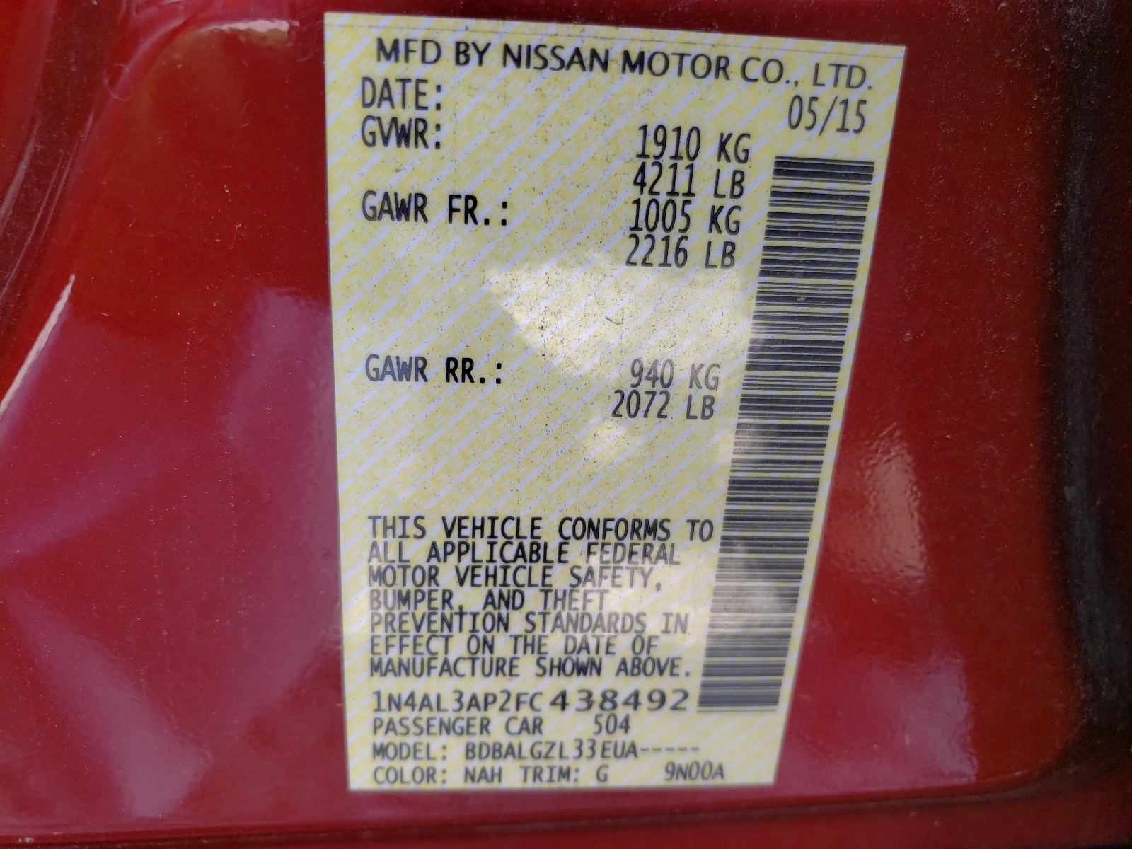 Photo 10 from auction – 2015 NISSAN ALTIMA 2.5 with VIN 1N4AL3AP2FC438492