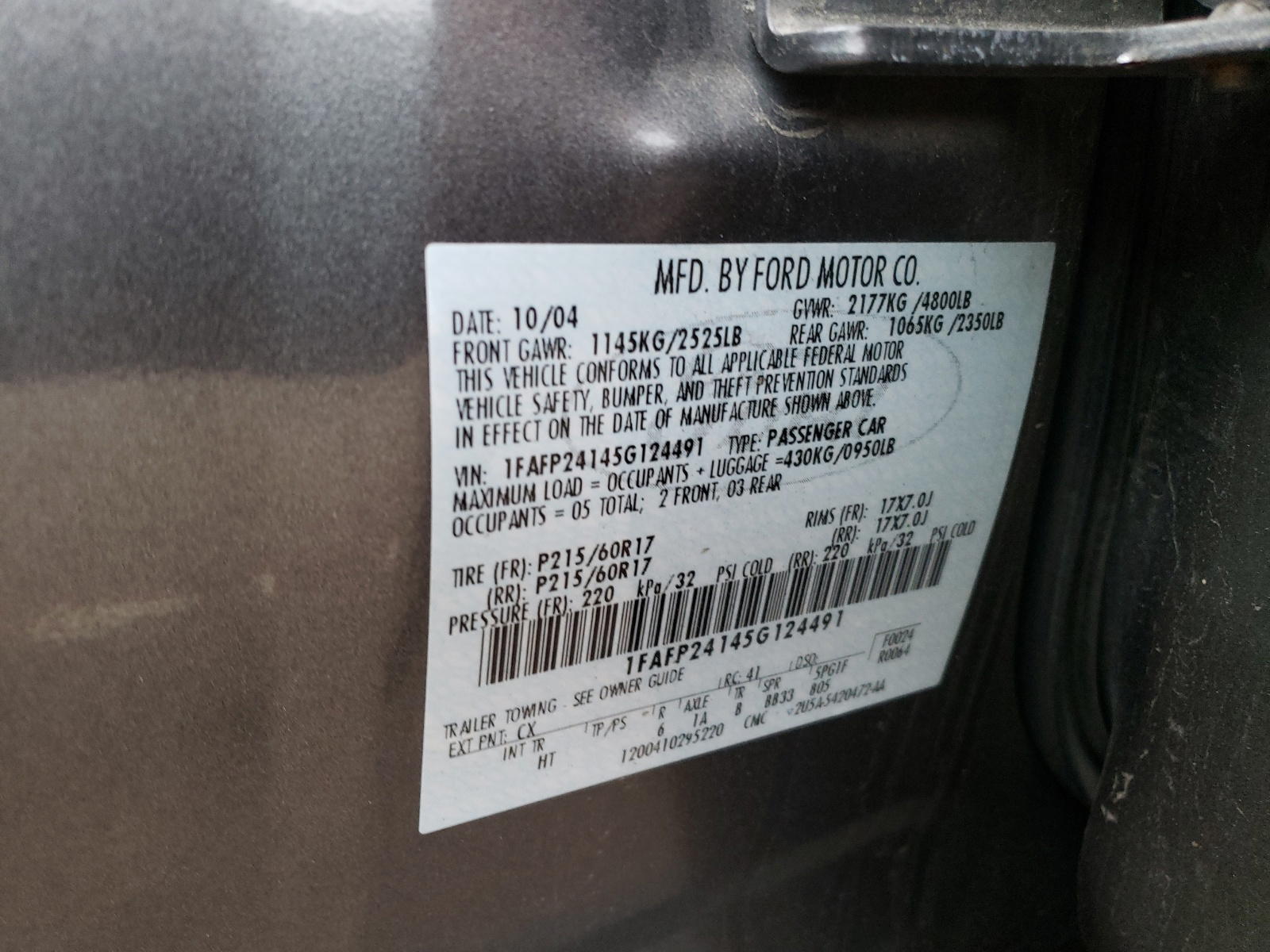 Photo 10 from auction – 2005 FORD FIVE HUNDR with VIN 1FAFP24145G124491