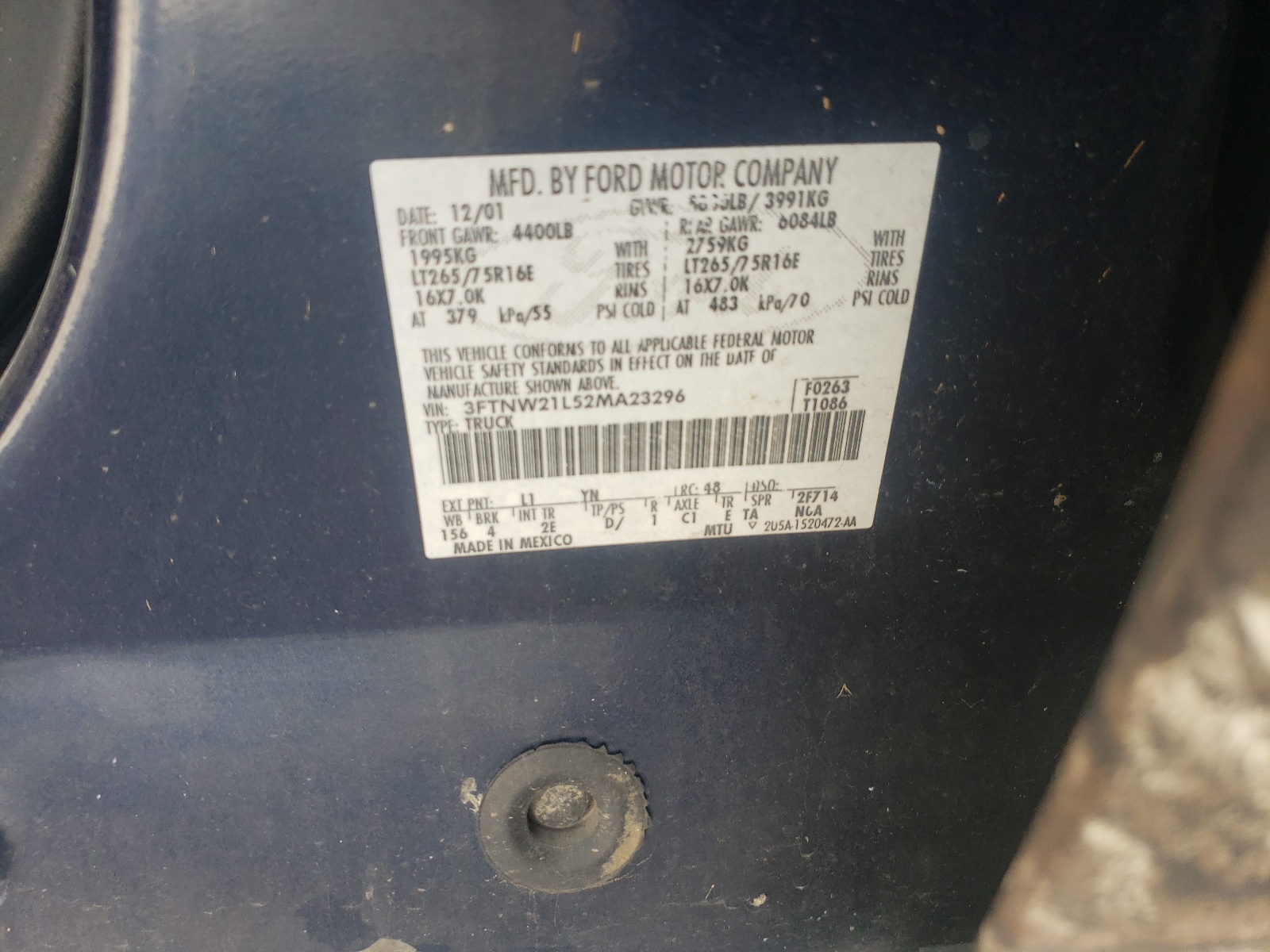 Photo 10 from auction – 2002 FORD F250 SUPER with VIN 3FTNW21L52MA23296
