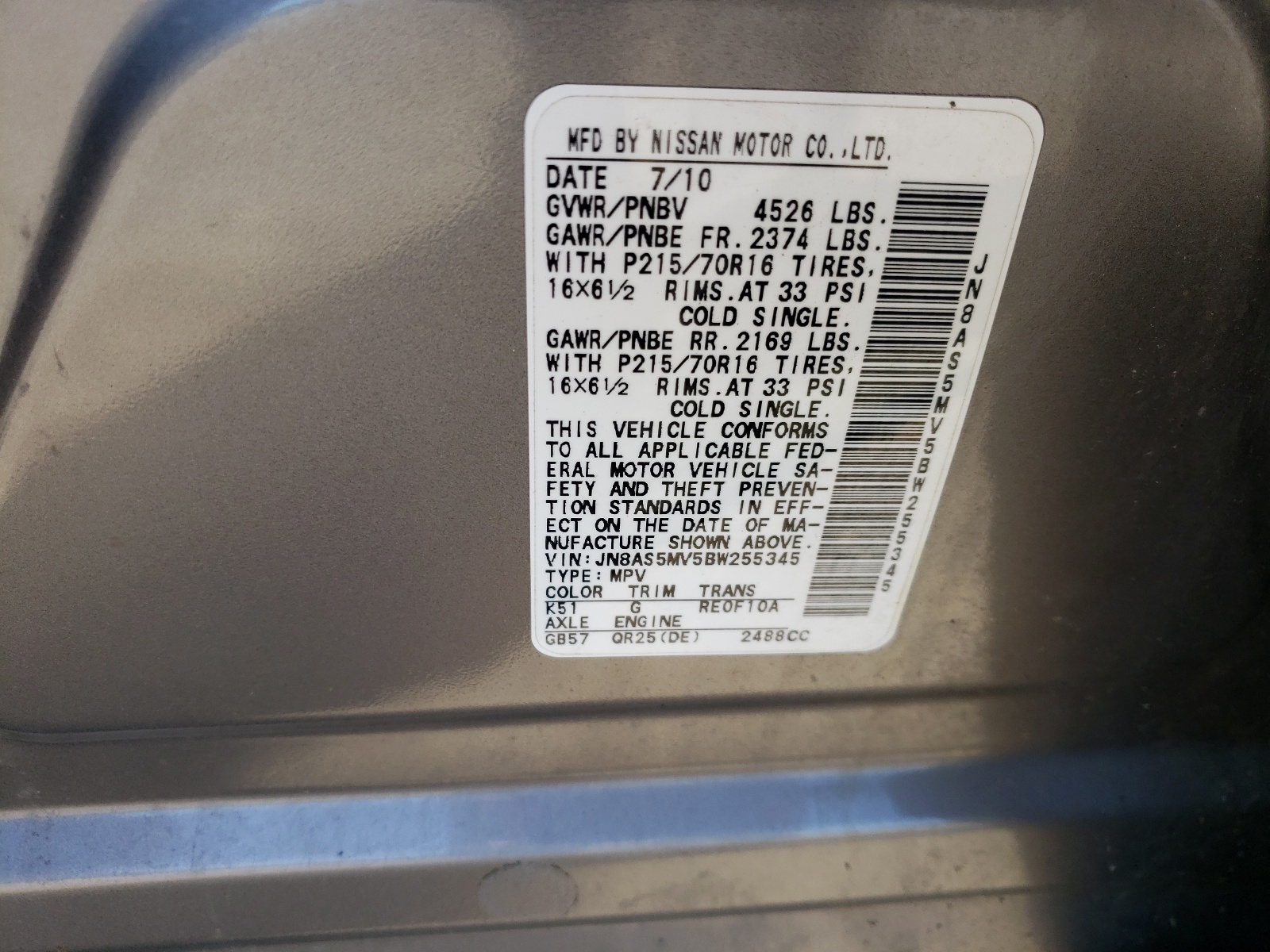 Photo 10 from auction – 2011 NISSAN ROGUE with VIN JN8AS5MV5BW255345