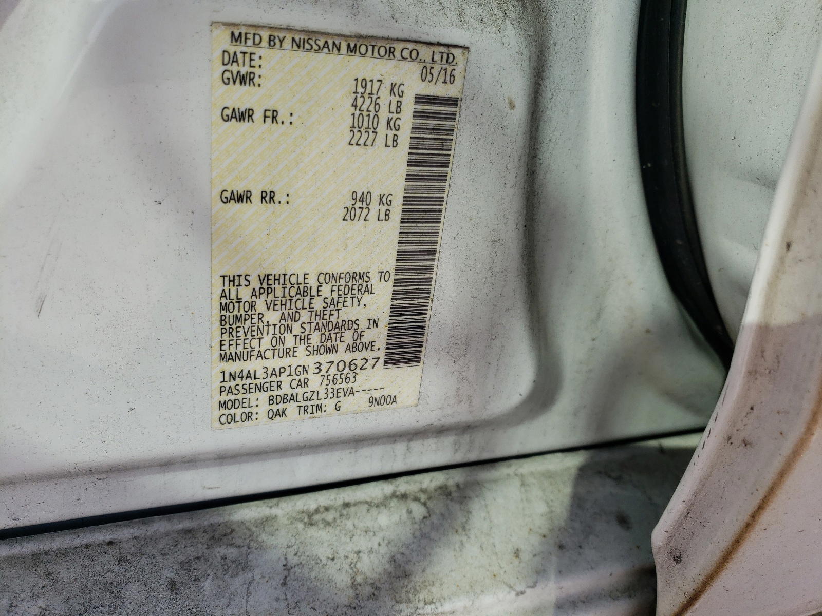Photo 10 from auction – 2016 NISSAN ALTIMA 2.5 with VIN 1N4AL3AP1GN370627