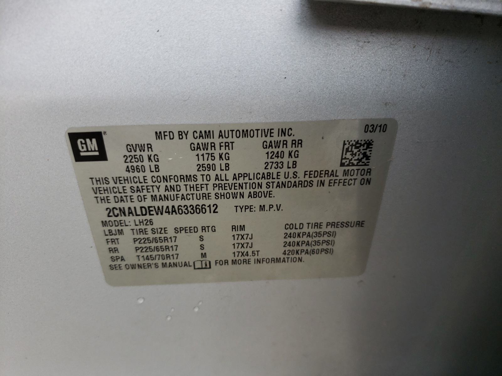 Photo 10 from auction – 2010 CHEVROLET EQUINOX LT with VIN 2CNALDEW4A6336612