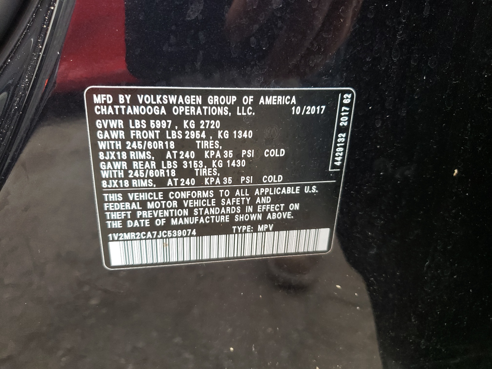 Photo 10 from auction – 2018 VOLKSWAGEN ATLAS SEL with VIN 1V2MR2CA7JC539074