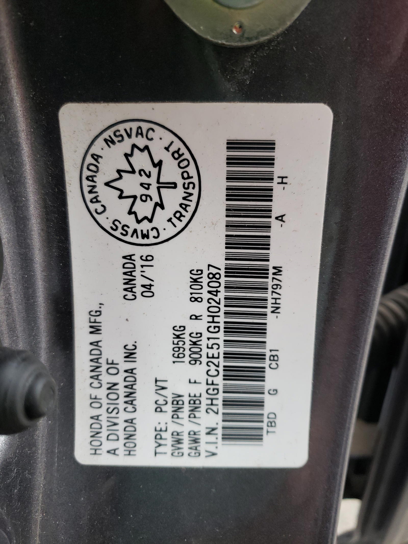 Photo 10 from auction – 2016 HONDA CIVIC LX with VIN 2HGFC2E51GH024087