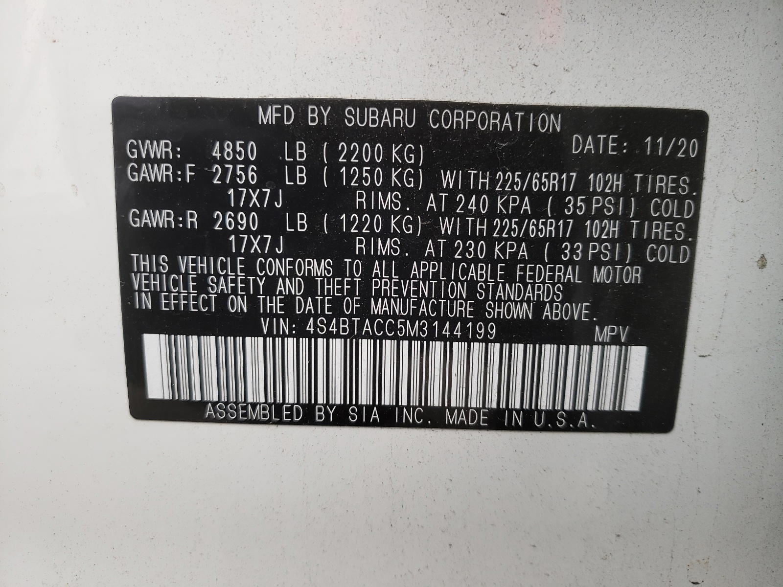 Photo 10 from auction – 2021 SUBARU OUTBACK PR with VIN 4S4BTACC5M3144199