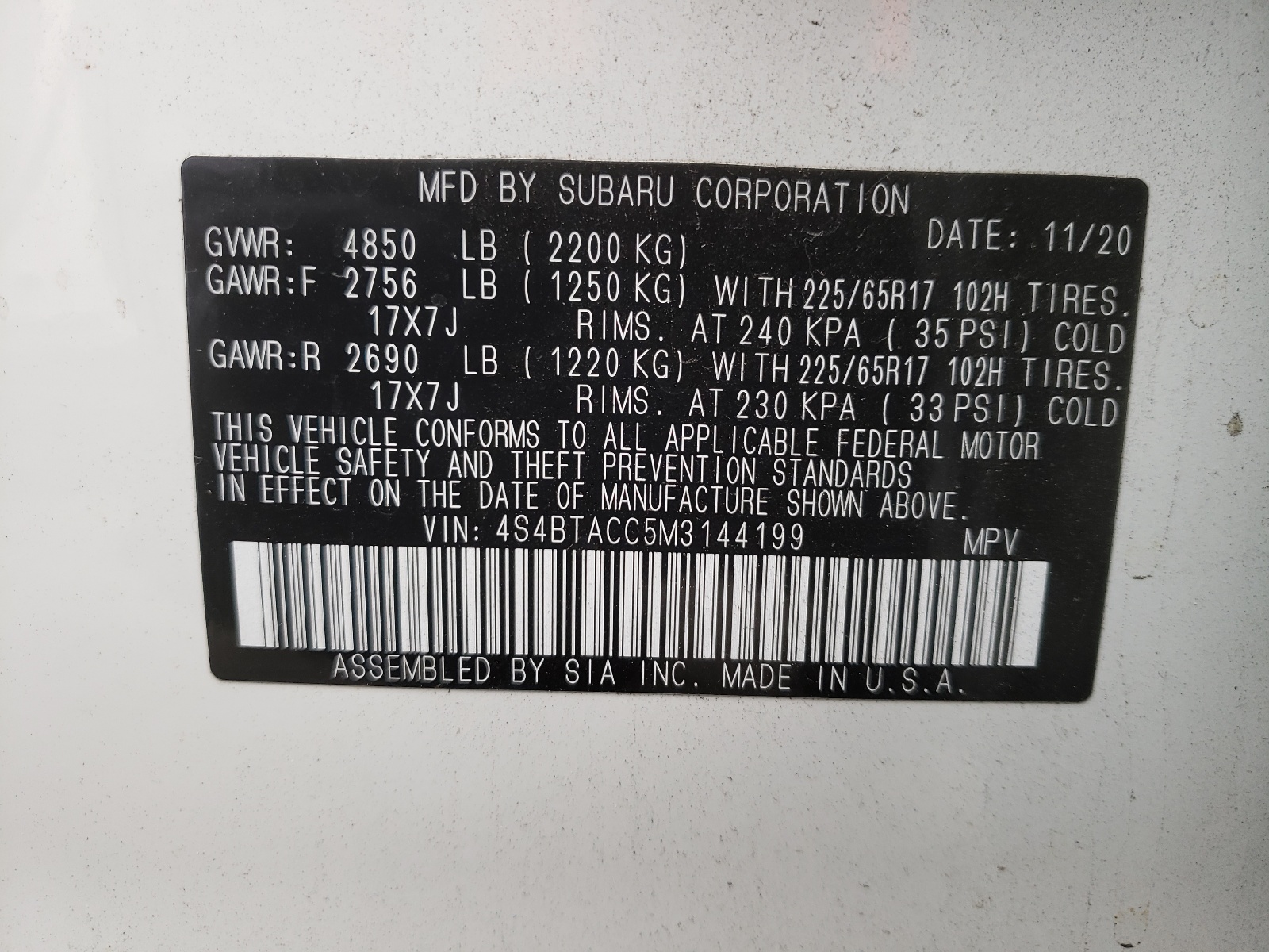 Zdjęcie 10 z aukcji – 2021 SUBARU OUTBACK PR z VIN 4S4BTACC5M3144199